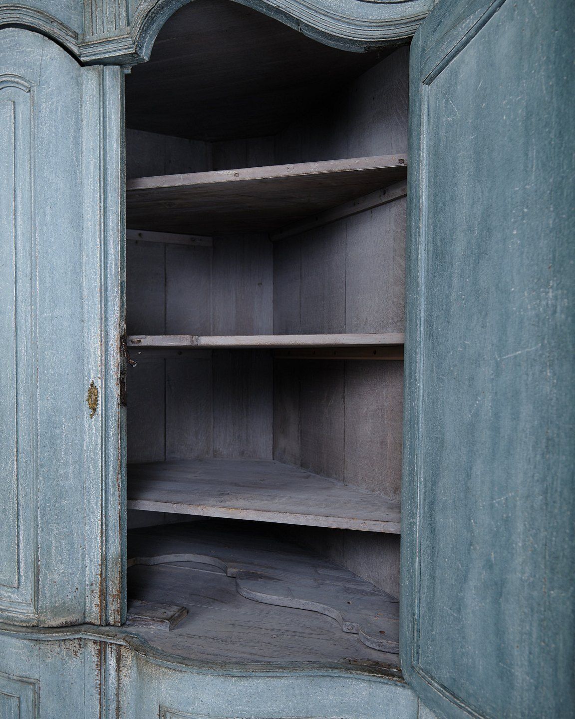 Large Baroque Corner Cabinet   Original Blue Paint & Brass Fittings   Natural Patina   Curved Doors   1780s photo Furniture