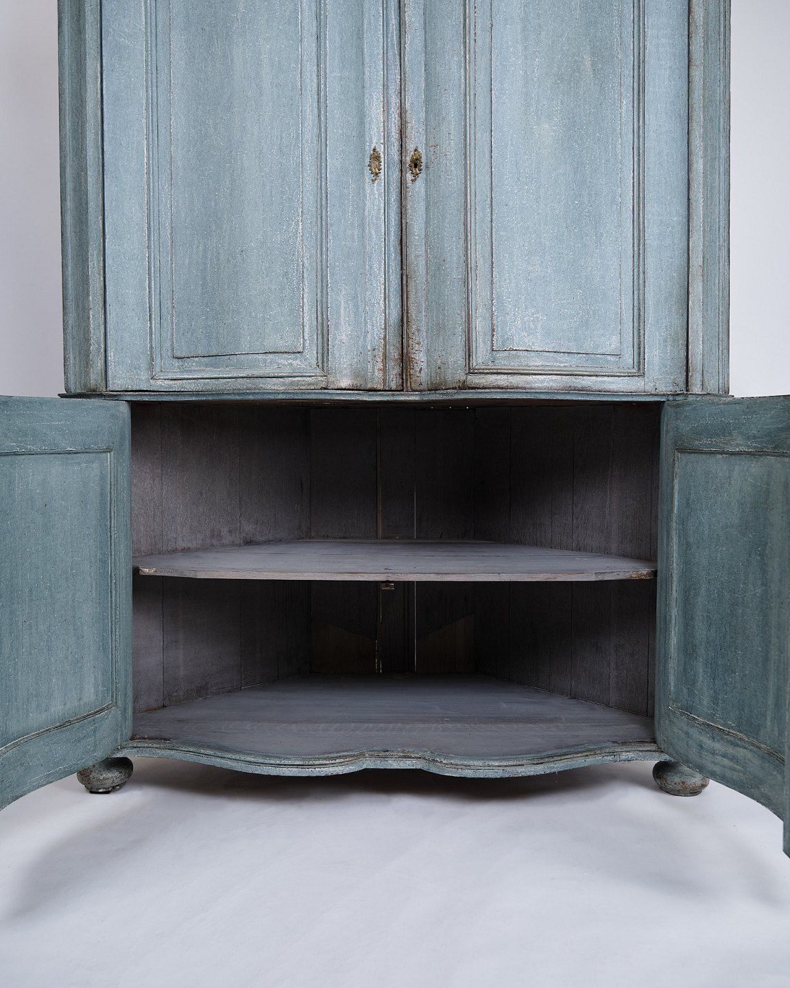 Large Baroque Corner Cabinet   Original Blue Paint & Brass Fittings   Natural Patina   Curved Doors   1780s photo vinterior