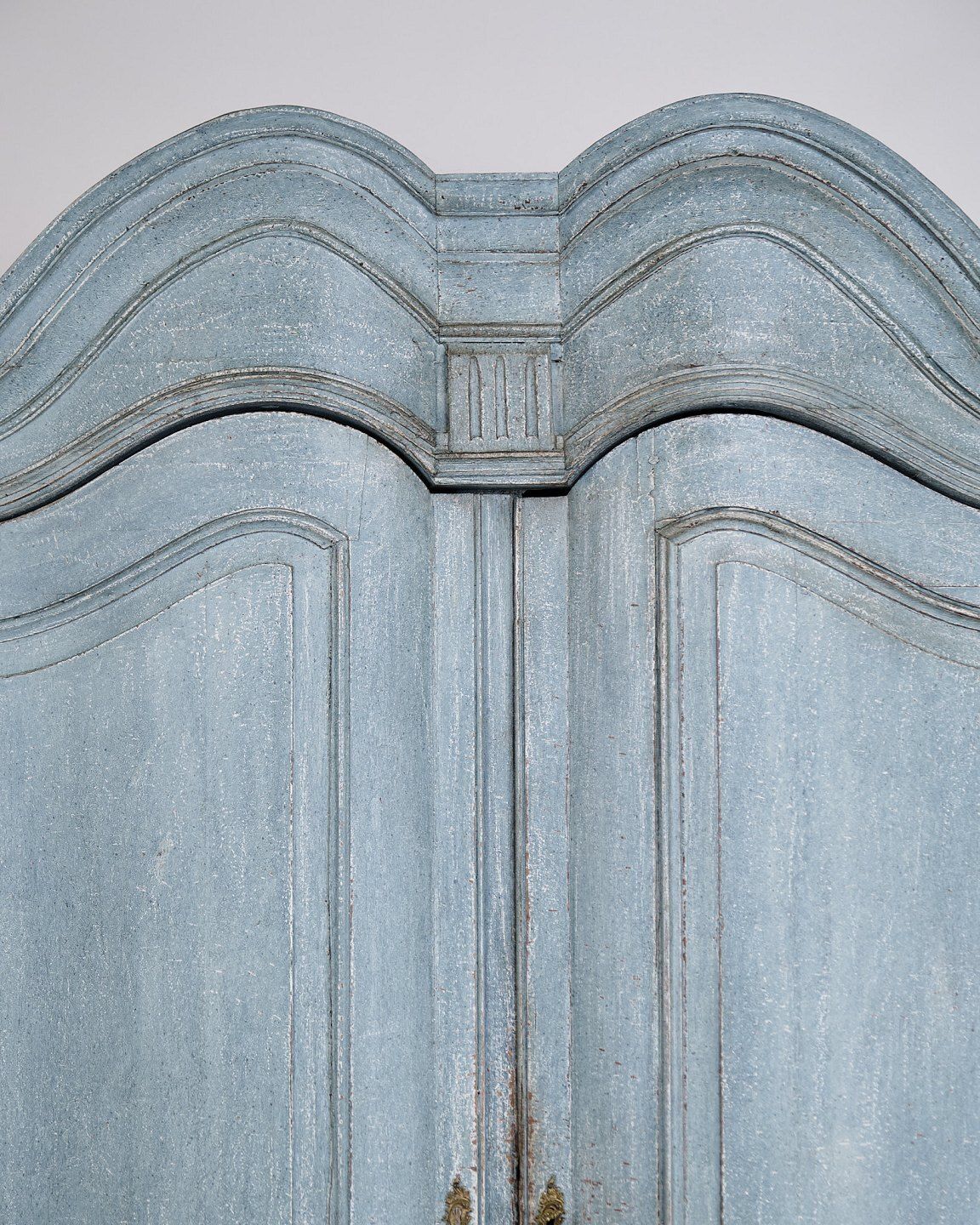 photo furniture Large Baroque Corner Cabinet   Original Blue Paint & Brass Fittings   Natural Patina   Curved Doors   1780s