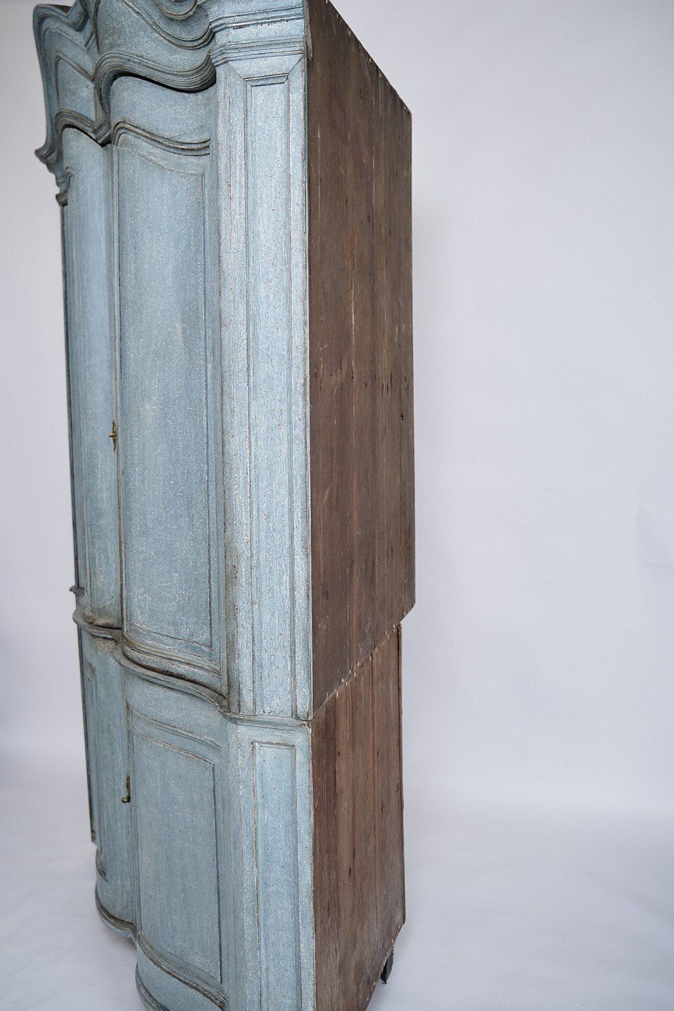 photo for sale Large Baroque Corner Cabinet   Original Blue Paint & Brass Fittings   Natural Patina   Curved Doors   1780s
