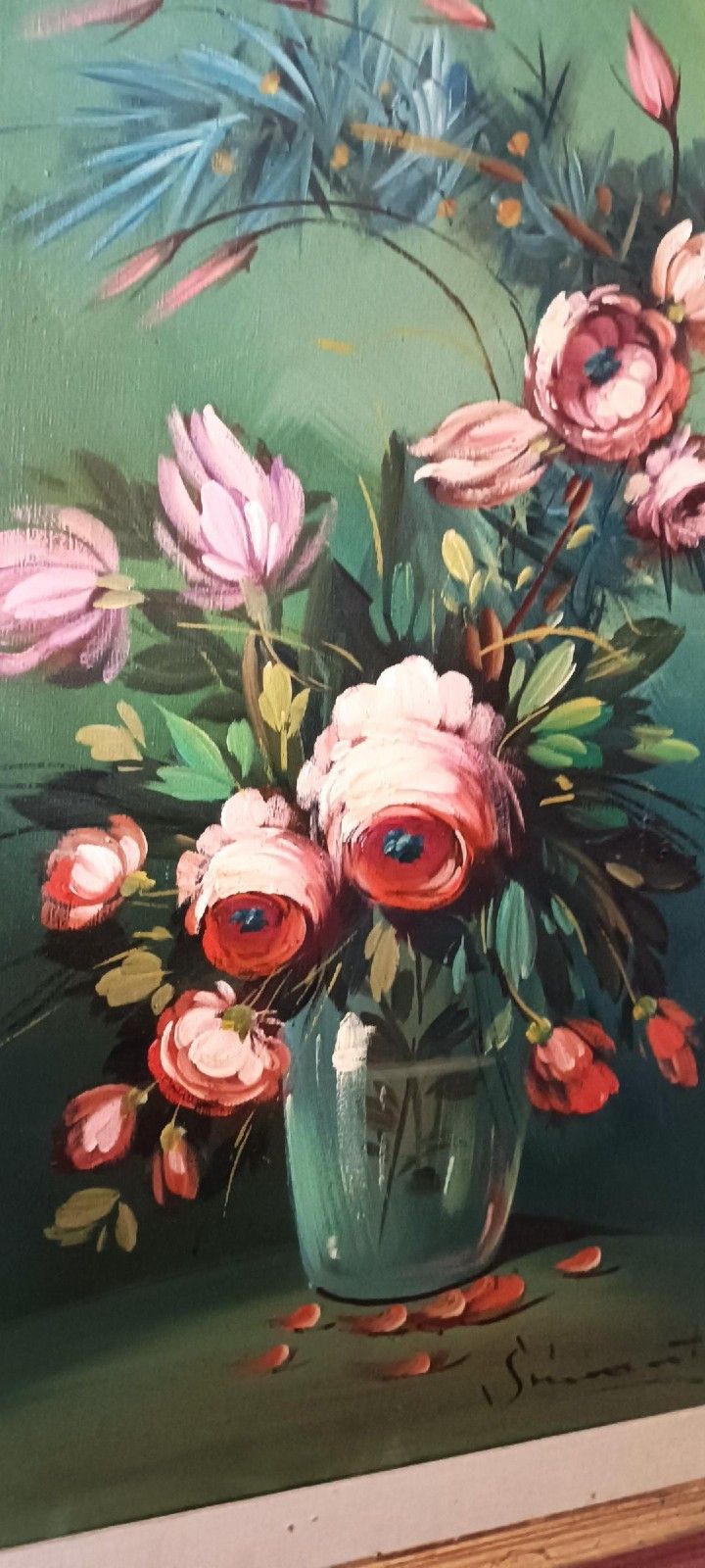 Large Oil Painting On Canvas Signed Flower Vase photo 143.0