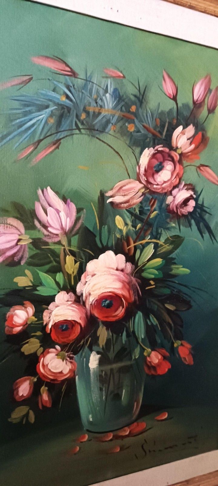 Large Oil Painting On Canvas Signed Flower Vase photo vinterior