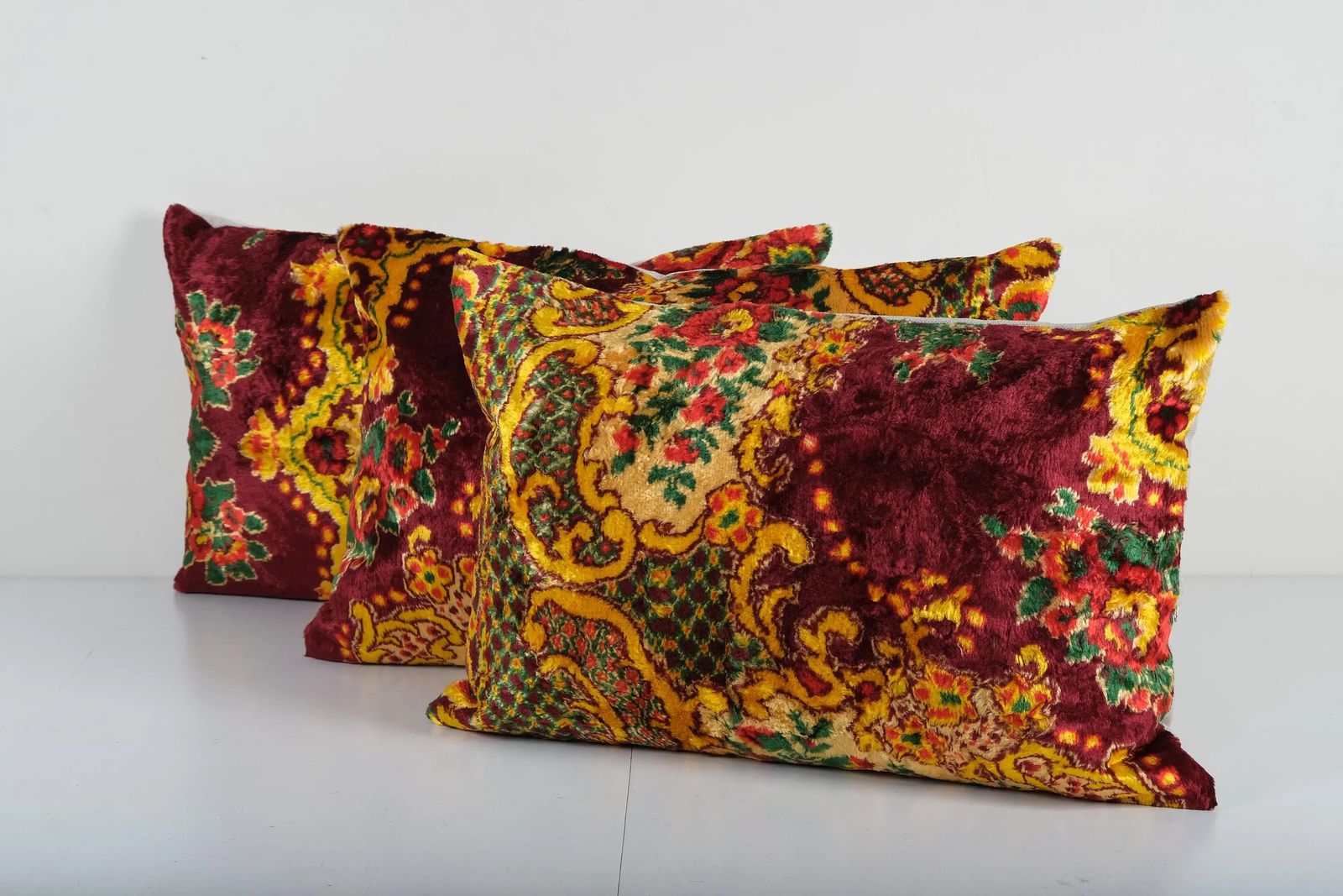 Bohemian Yellow Red Velvet Pillow Cover   Set Of Three Handmade Silk Cushion Cover photo Textiles