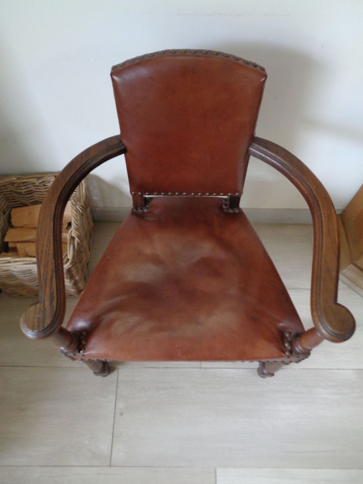 1930's Oak & Brown Leather Armchair photo furniture