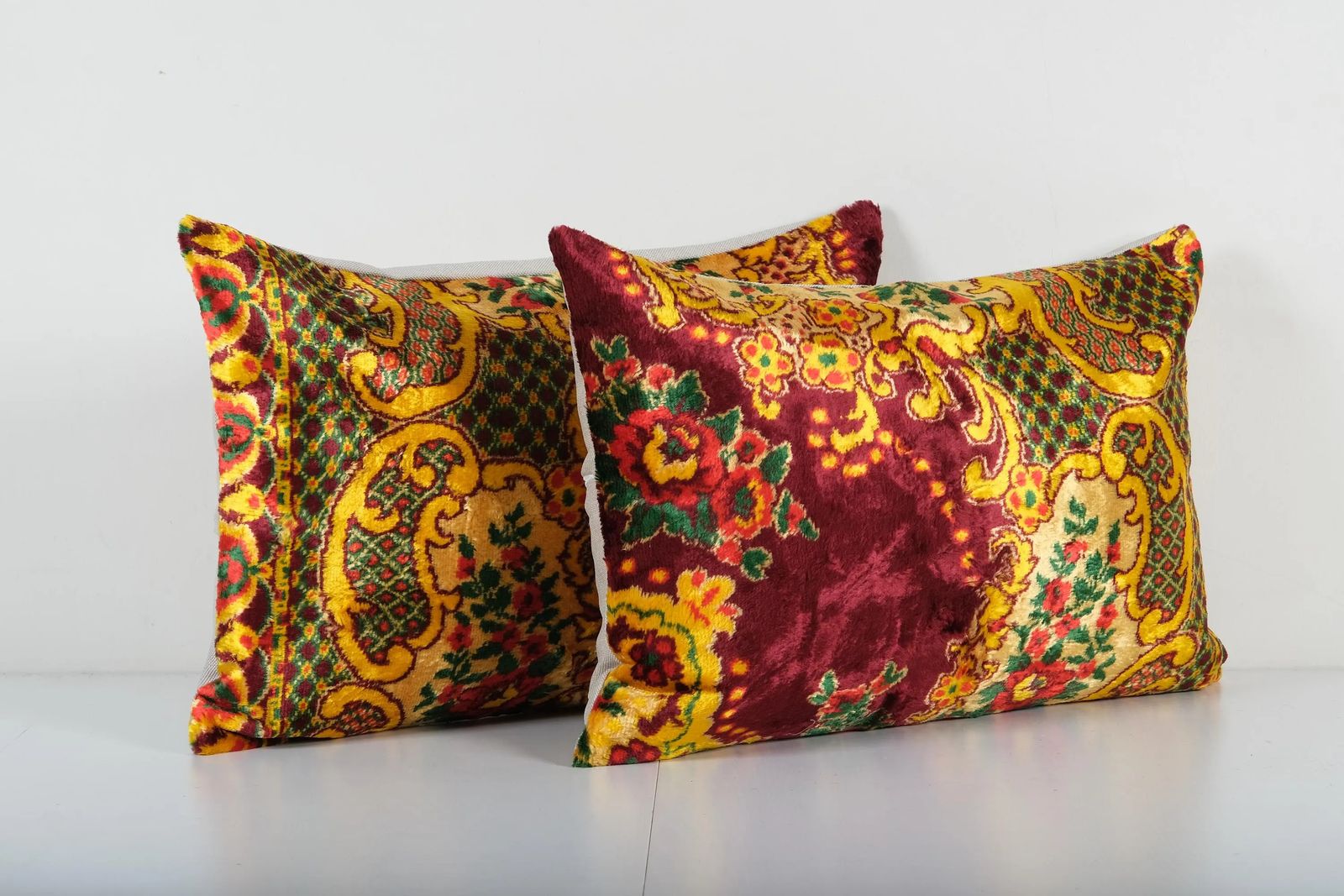 Bohemian Yellow Red Velvet Pillow Cover   Set Of Two Handmade Silk Cushion Cover photo Textiles