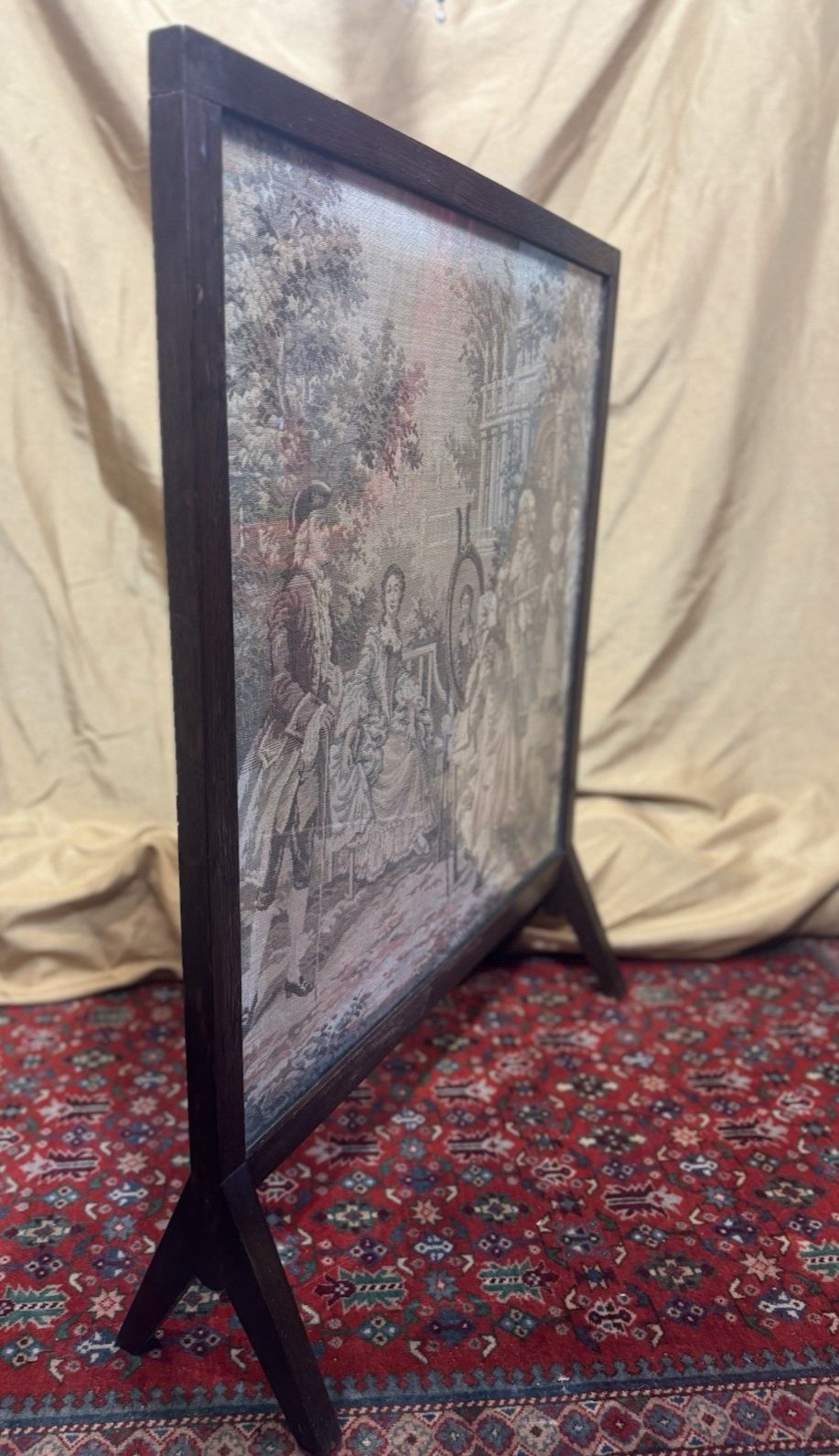 photo furniture French Silk Tapestry 18c Courtiers In Garden Scene Fire Screen Hardwood Frame