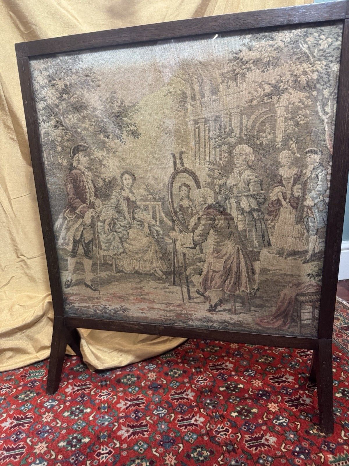 295.0 French Silk Tapestry 18c Courtiers In Garden Scene Fire Screen Hardwood Frame photo