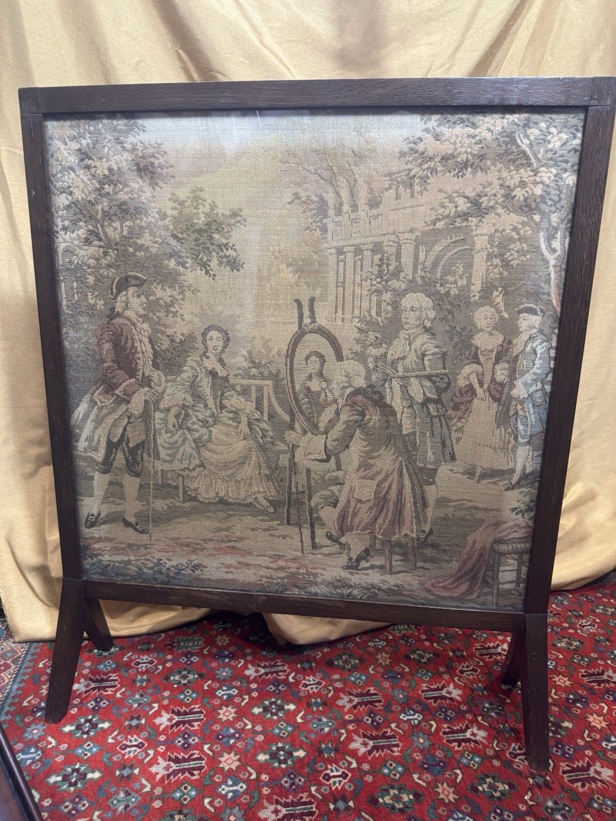 photo vinterior French Silk Tapestry 18c Courtiers In Garden Scene Fire Screen Hardwood Frame