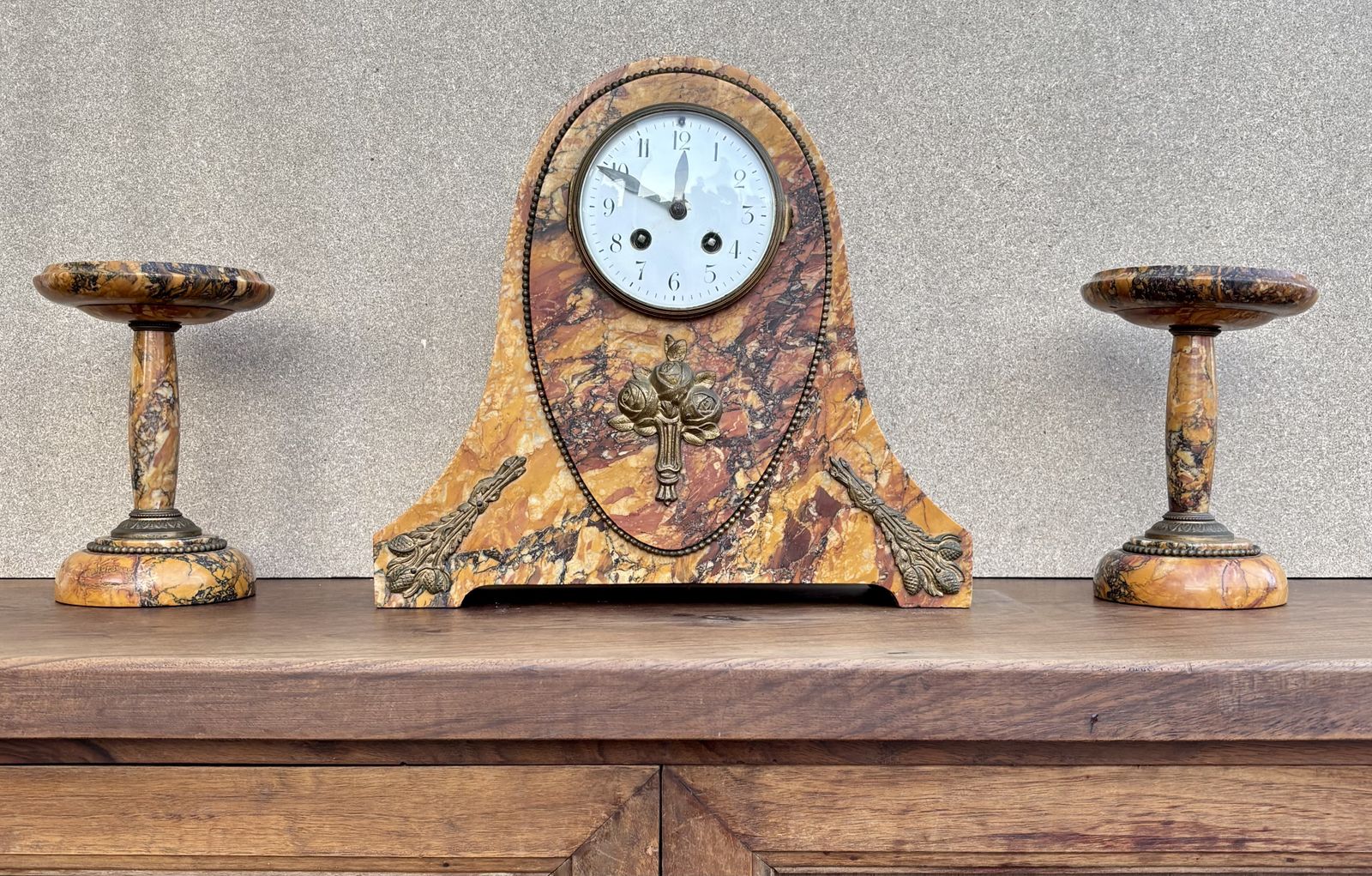 photo vintage Art Deco Clock With Marble Trim, 1890s, Set Of 3