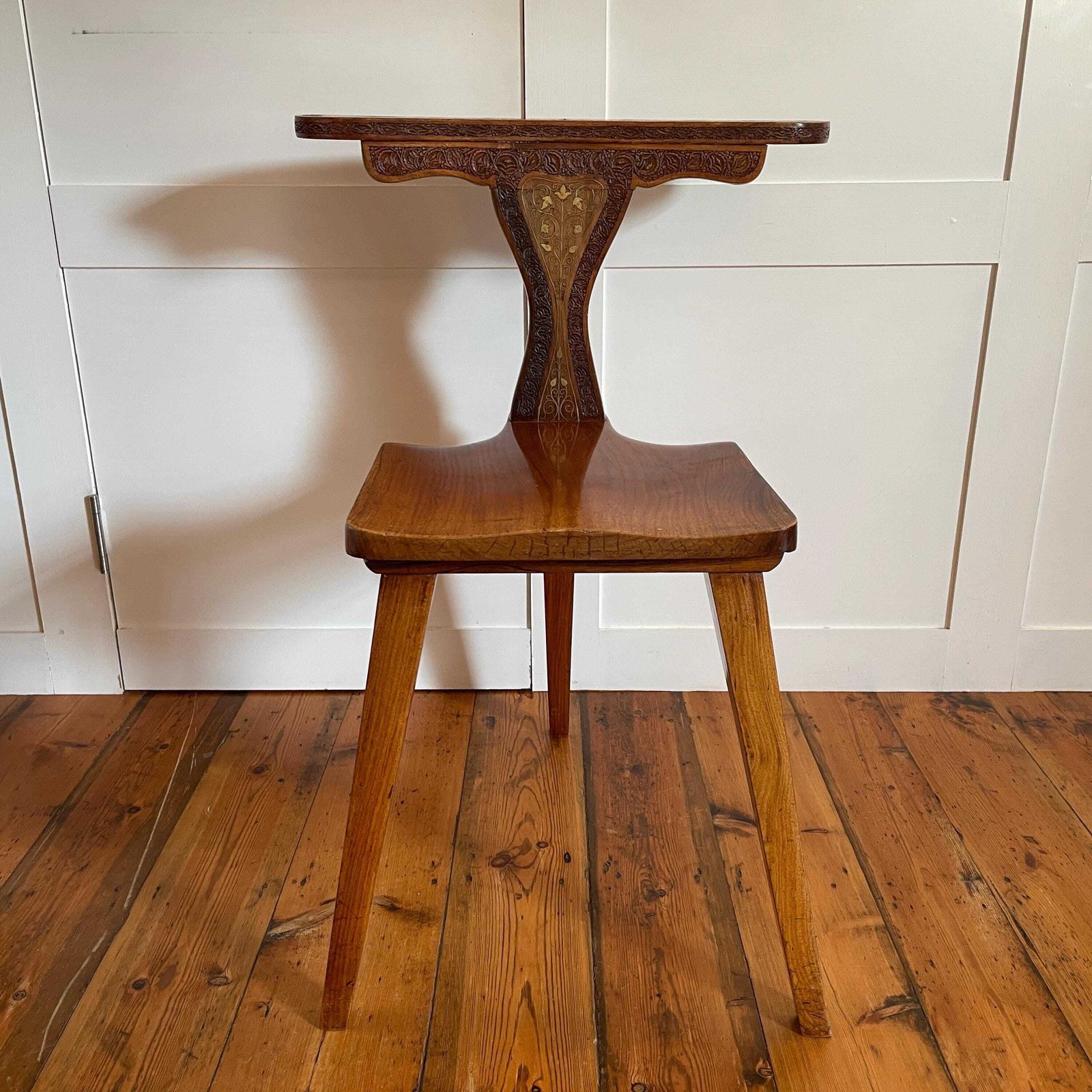 Vintage Wooden Hall Chair With Ornate Hand Carving And Brass Inlay Marquetry Spanish Moorish Revival Mid Century Accent Seating Three Legs photo Furniture