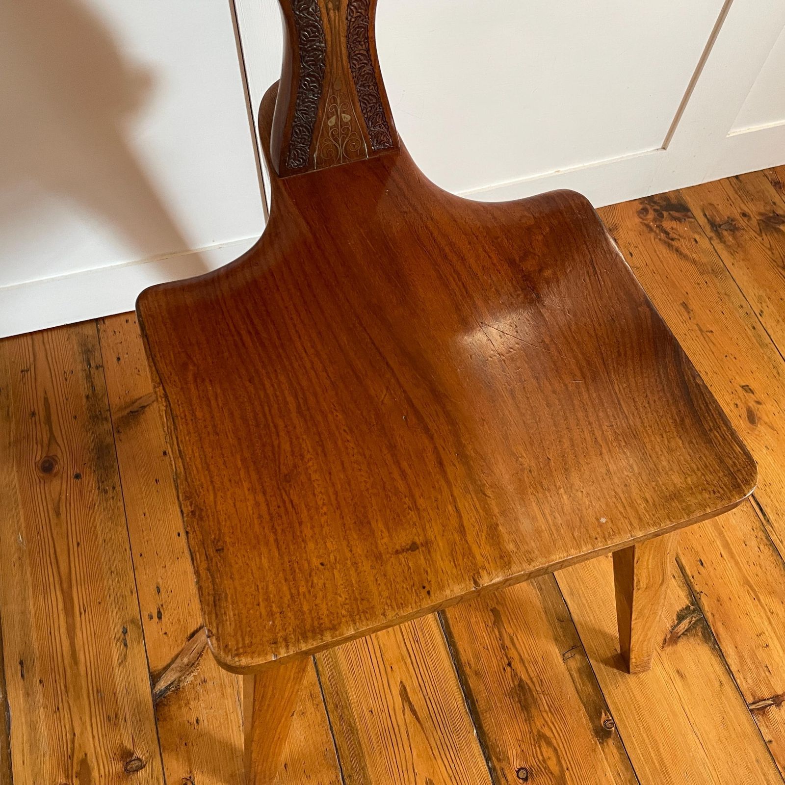 Vintage Wooden Hall Chair With Ornate Hand Carving And Brass Inlay Marquetry Spanish Moorish Revival Mid Century Accent Seating Three Legs photo vintage