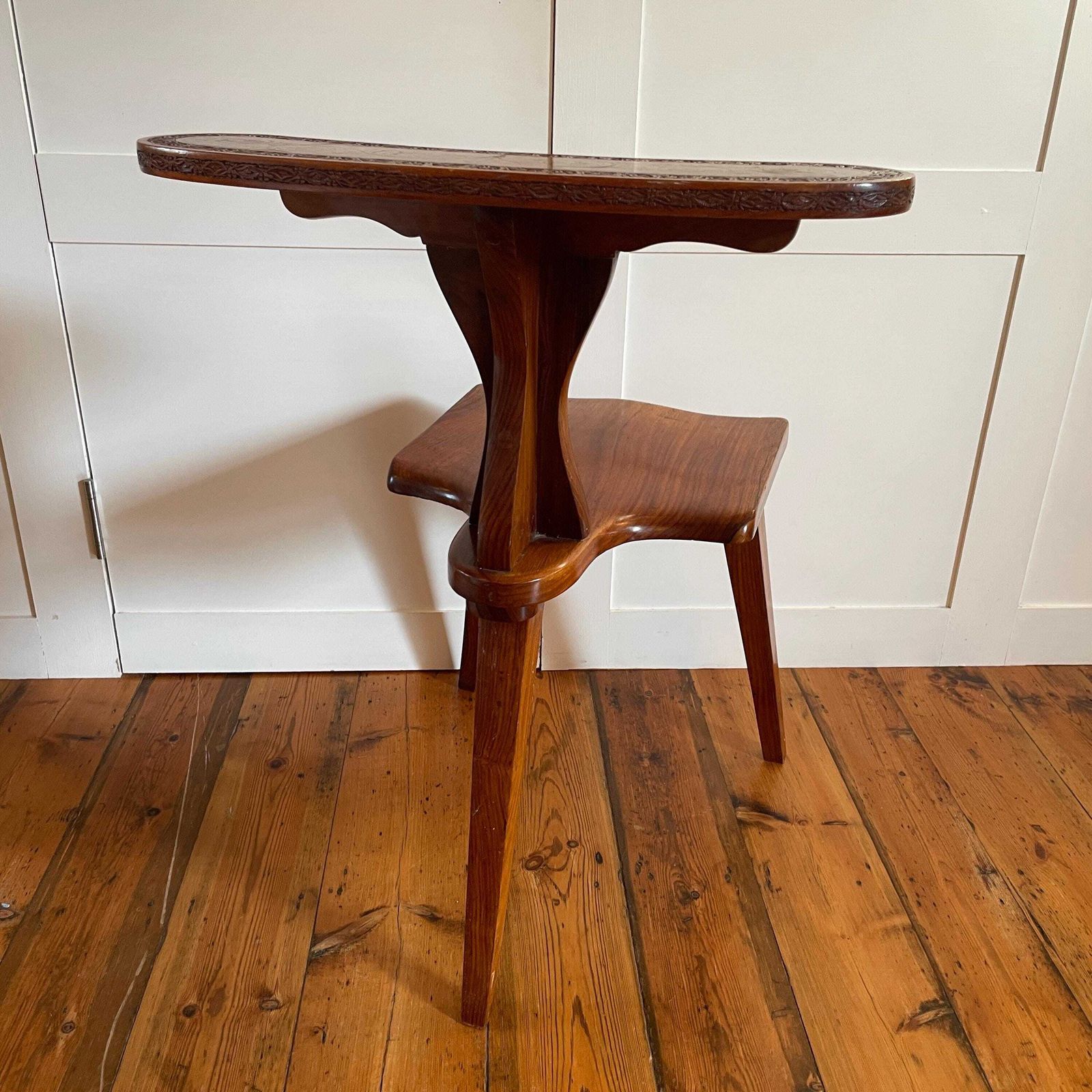 photo furniture Vintage Wooden Hall Chair With Ornate Hand Carving And Brass Inlay Marquetry Spanish Moorish Revival Mid Century Accent Seating Three Legs