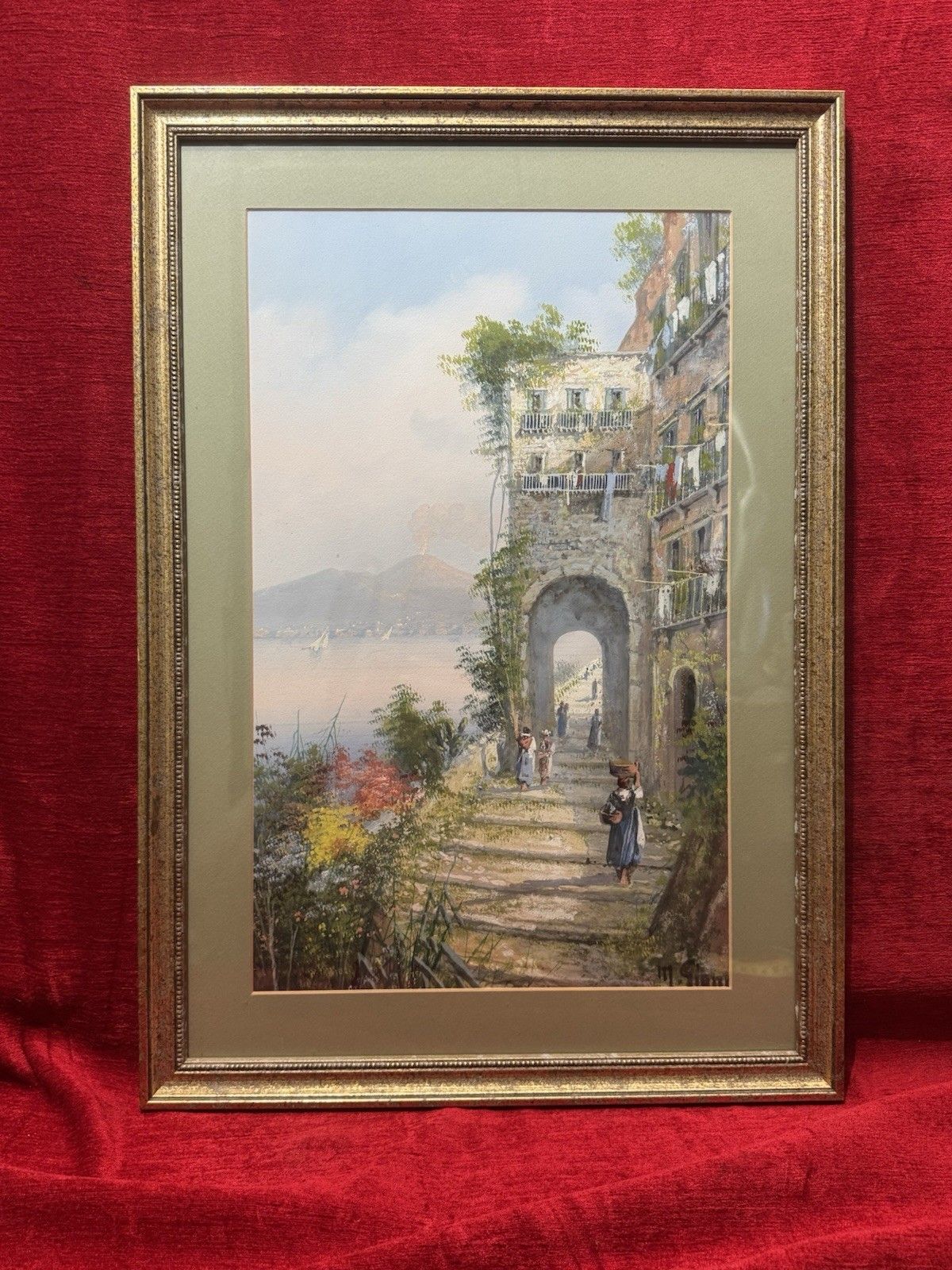 M Gianni Naples Street Scene Mt Vesuvius Italy Gouache Painting Signed Framed
