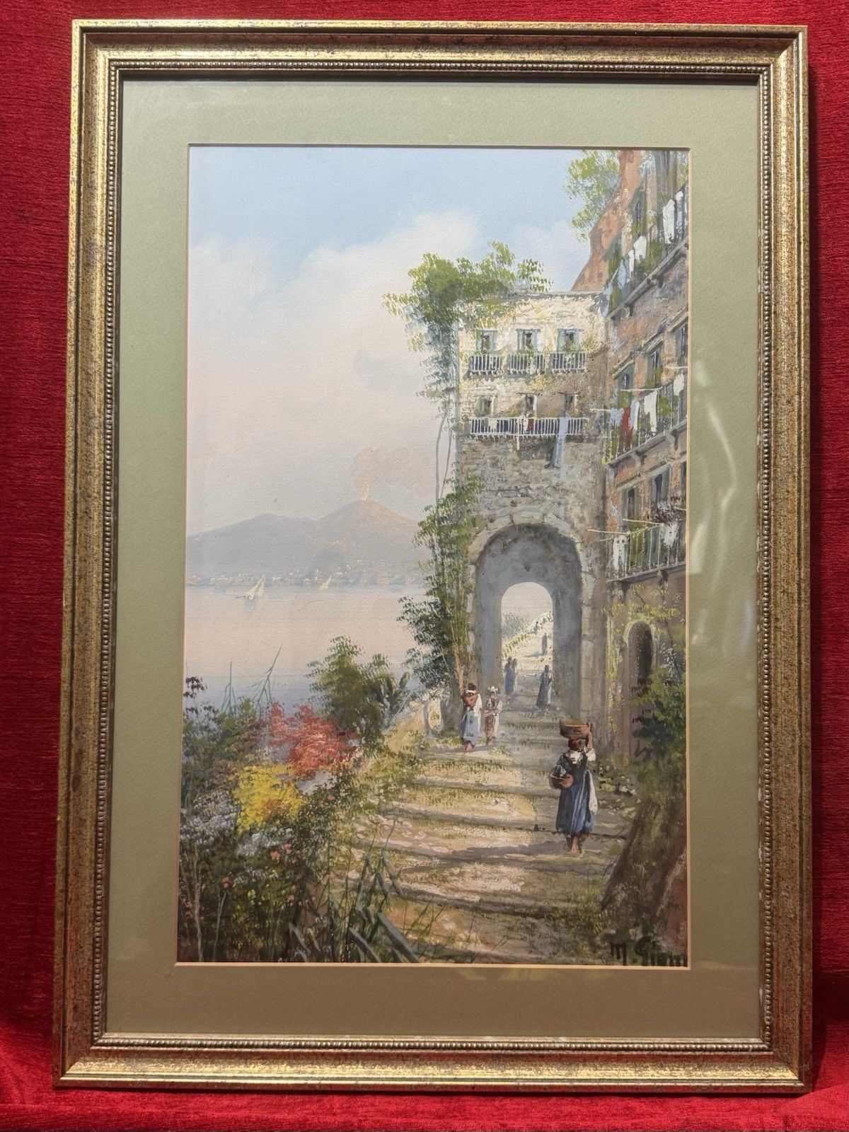 M Gianni Naples Street Scene Mt Vesuvius Italy Gouache Painting Signed Framed photo for sale
