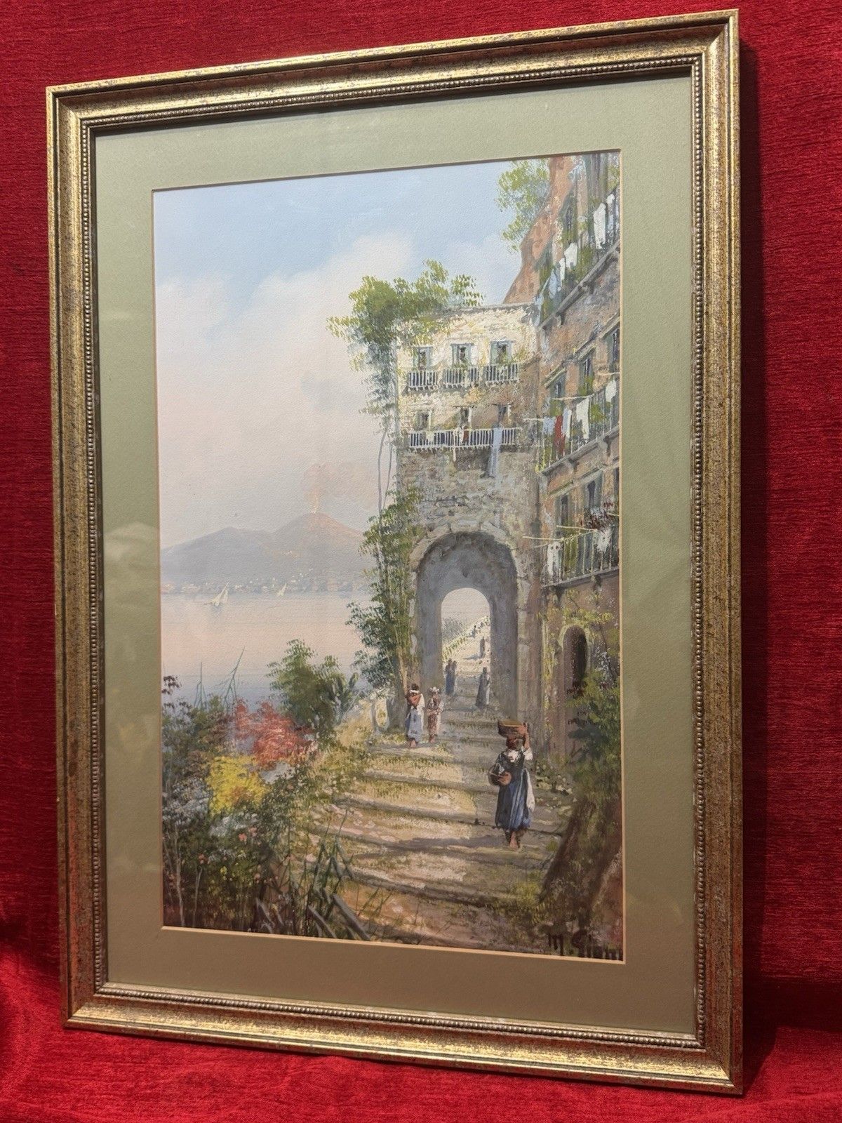 M Gianni Naples Street Scene Mt Vesuvius Italy Gouache Painting Signed Framed photo vinterior