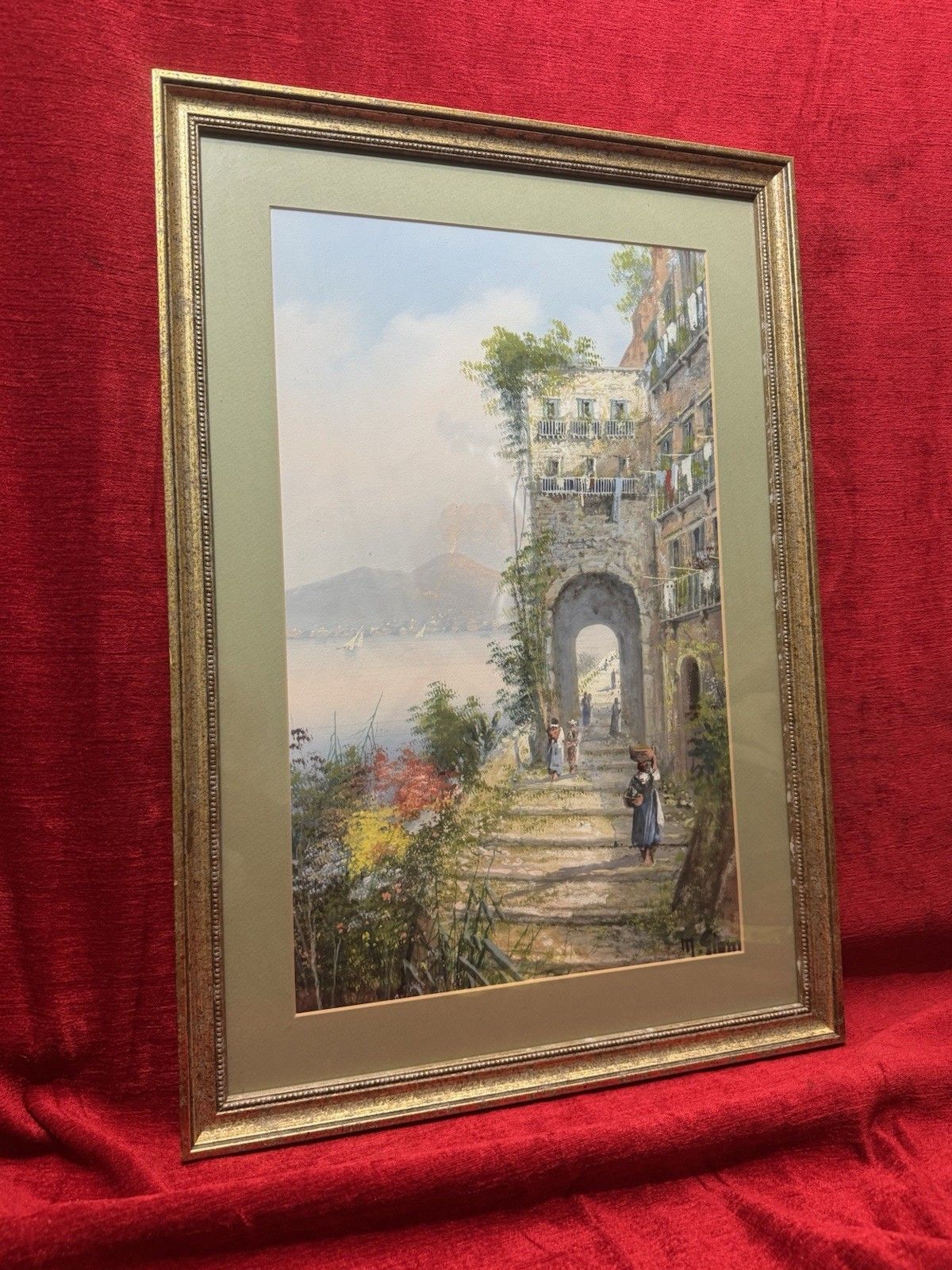 photo furniture M Gianni Naples Street Scene Mt Vesuvius Italy Gouache Painting Signed Framed