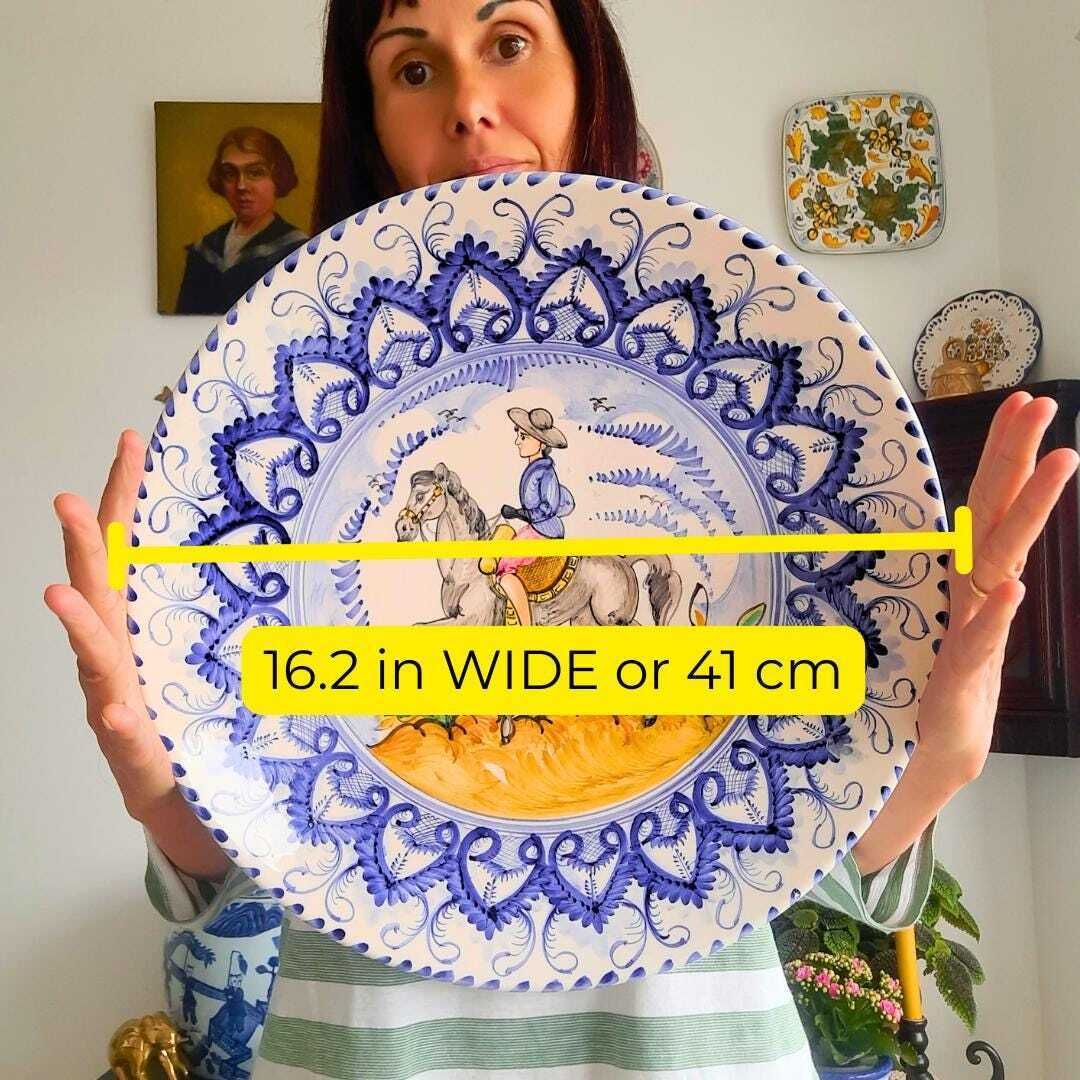 Very Large Spanish Hand Painted Man On Horseback Wall Plate 19th Century Style 16.2'' D photo vinterior