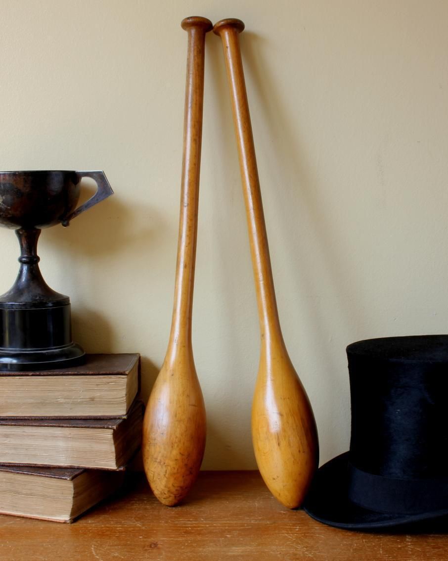 Pair Antique Indian Clubs. Decorative Wood Gym Weights Exercise Meels.