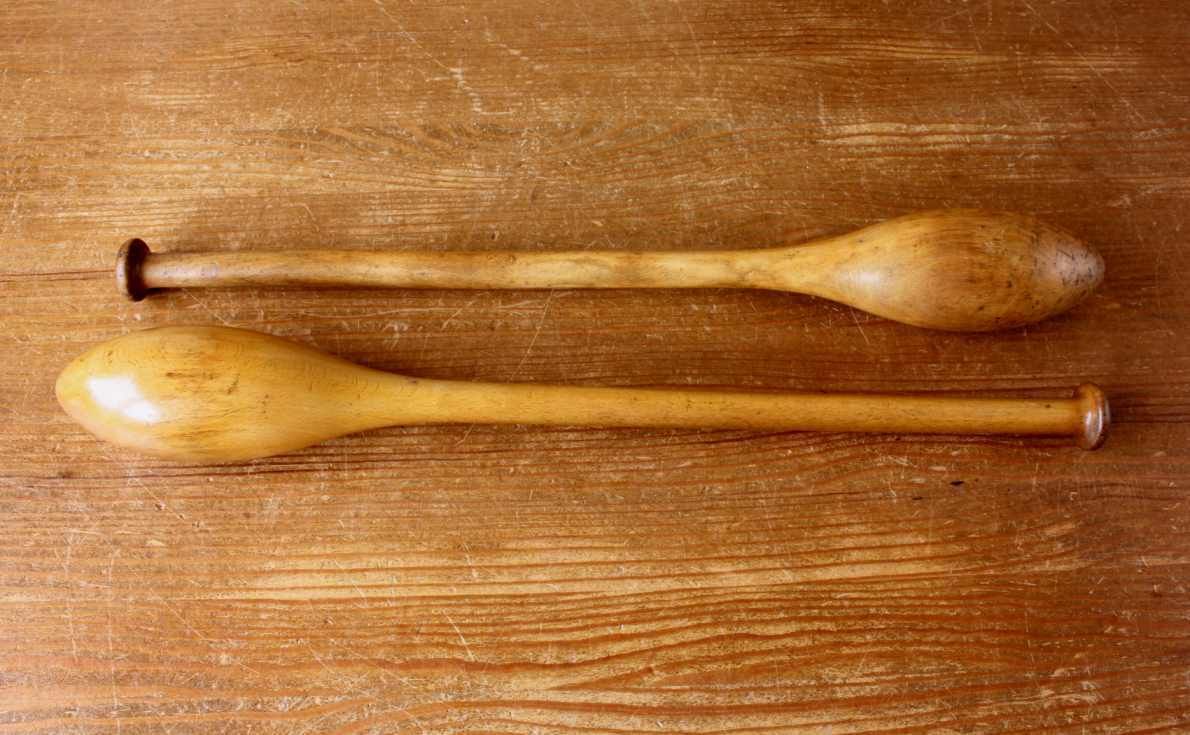 Pair Antique Indian Clubs. Decorative Wood Gym Weights Exercise Meels. photo for sale