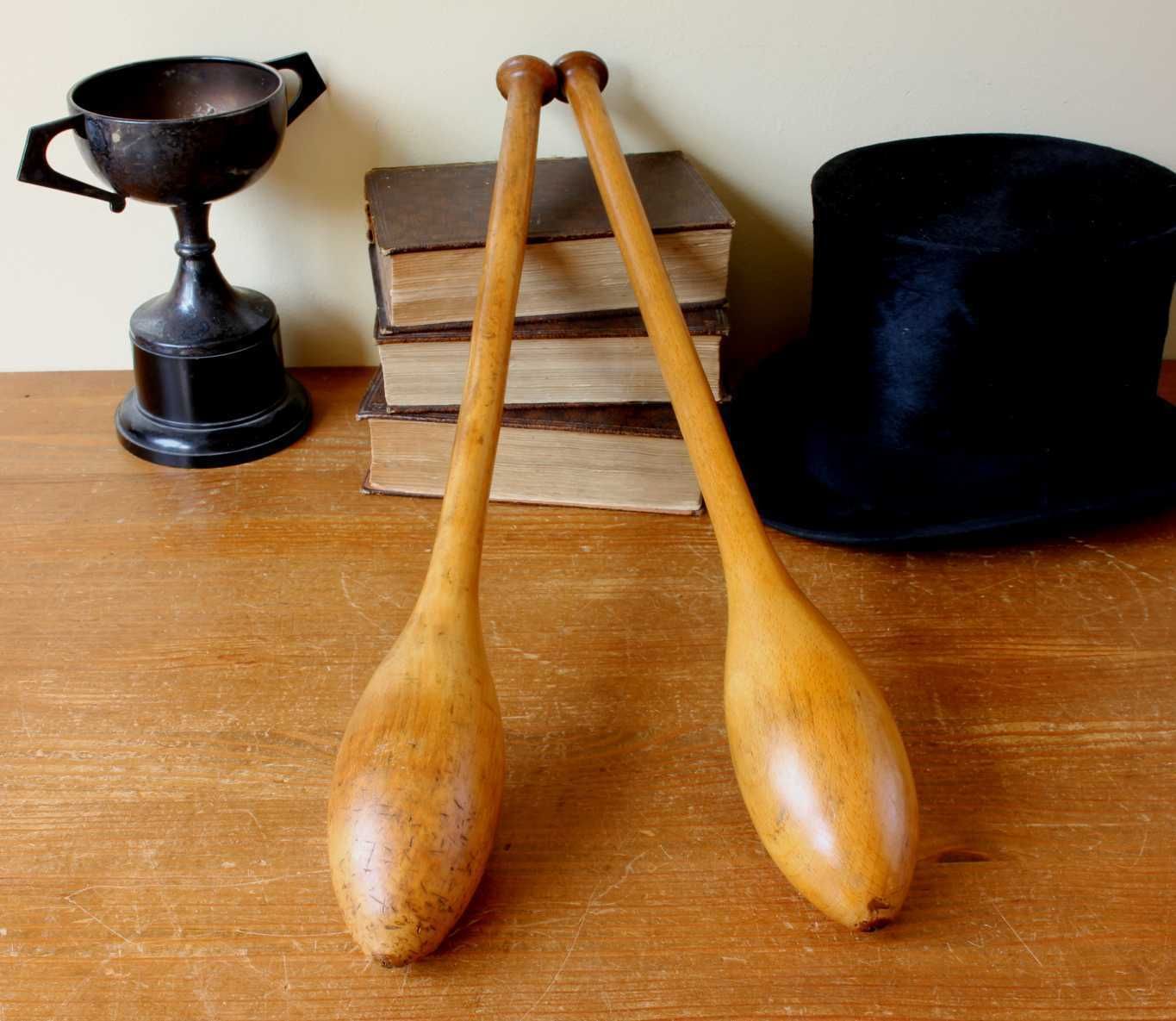 photo for sale Pair Antique Indian Clubs. Decorative Wood Gym Weights Exercise Meels.