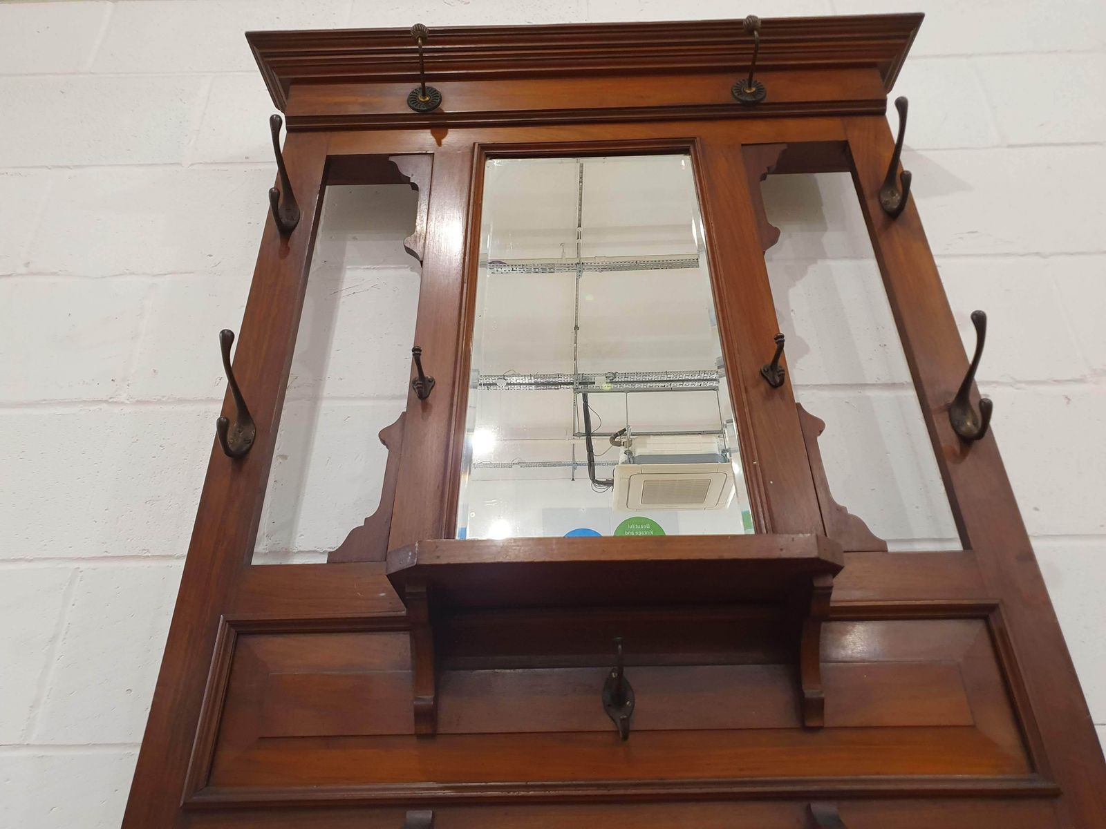 Edwardian Style Hall Tree With Mirror, Umbrella Holders, And Coat Hangers photo buy