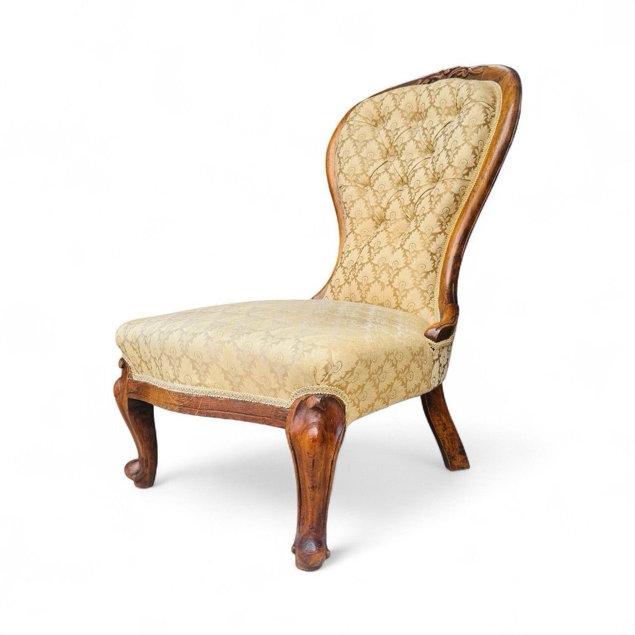 Antique Victorian Armchair Nursing Chair Walnut Button Back Gold Velvet C1870s