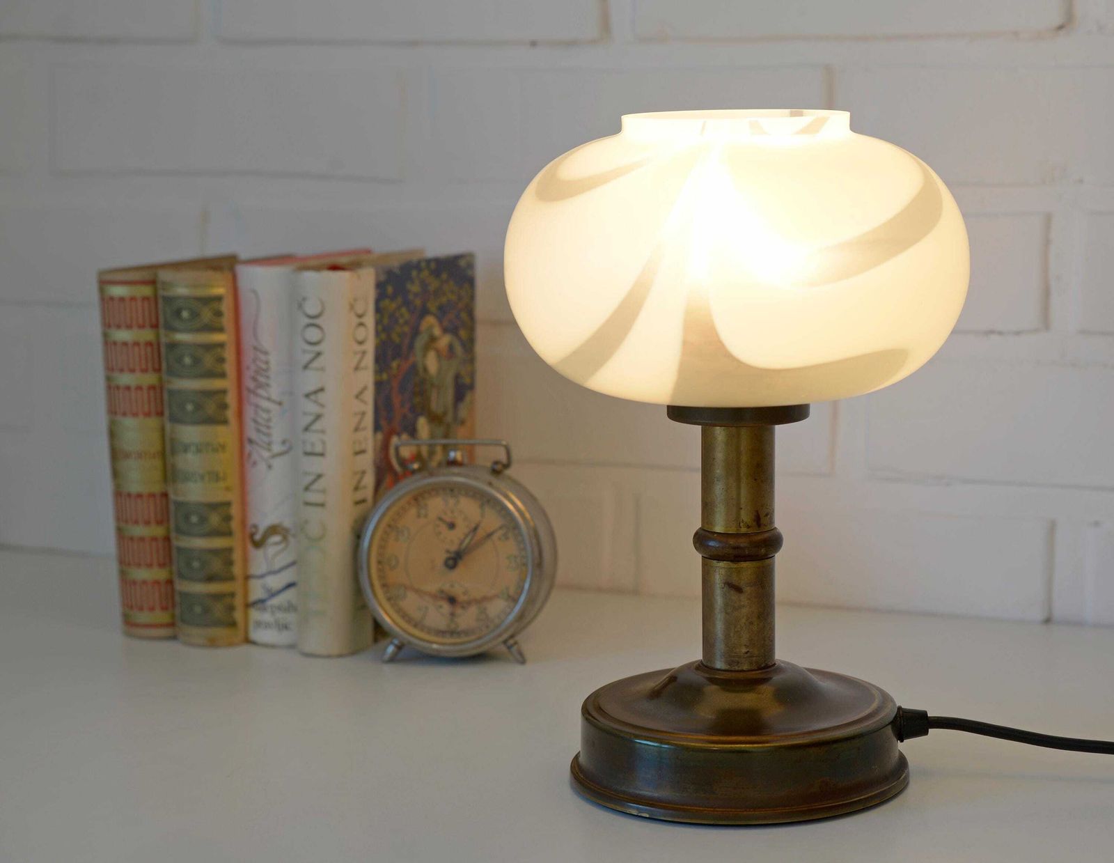 Vintage Murano Glass Style Mushroom Desk Lamp: Brass Bedside Lamp, Table Lighting Yugoslavia 1970's photo Lighting