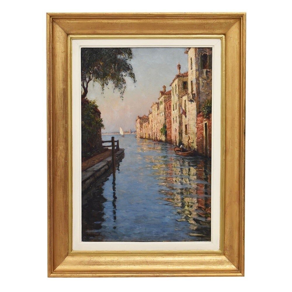 Marine Painting, Venice With Gondola, Angelo Pisani, XX Century.