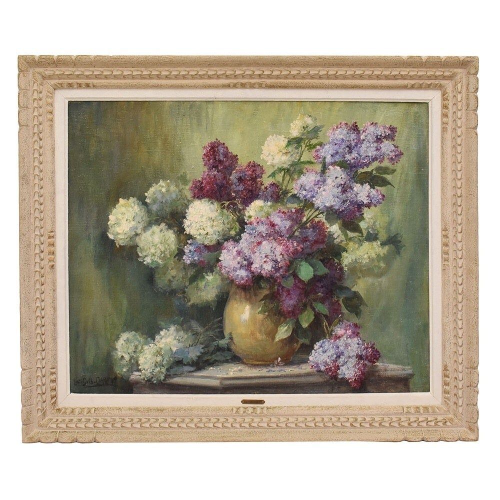 Antique Flower Painting, Lilac Flowers, Oil On Canvas, 20th Century.