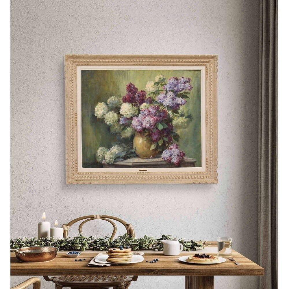 Antique Flower Painting, Lilac Flowers, Oil On Canvas, 20th Century. photo furniture