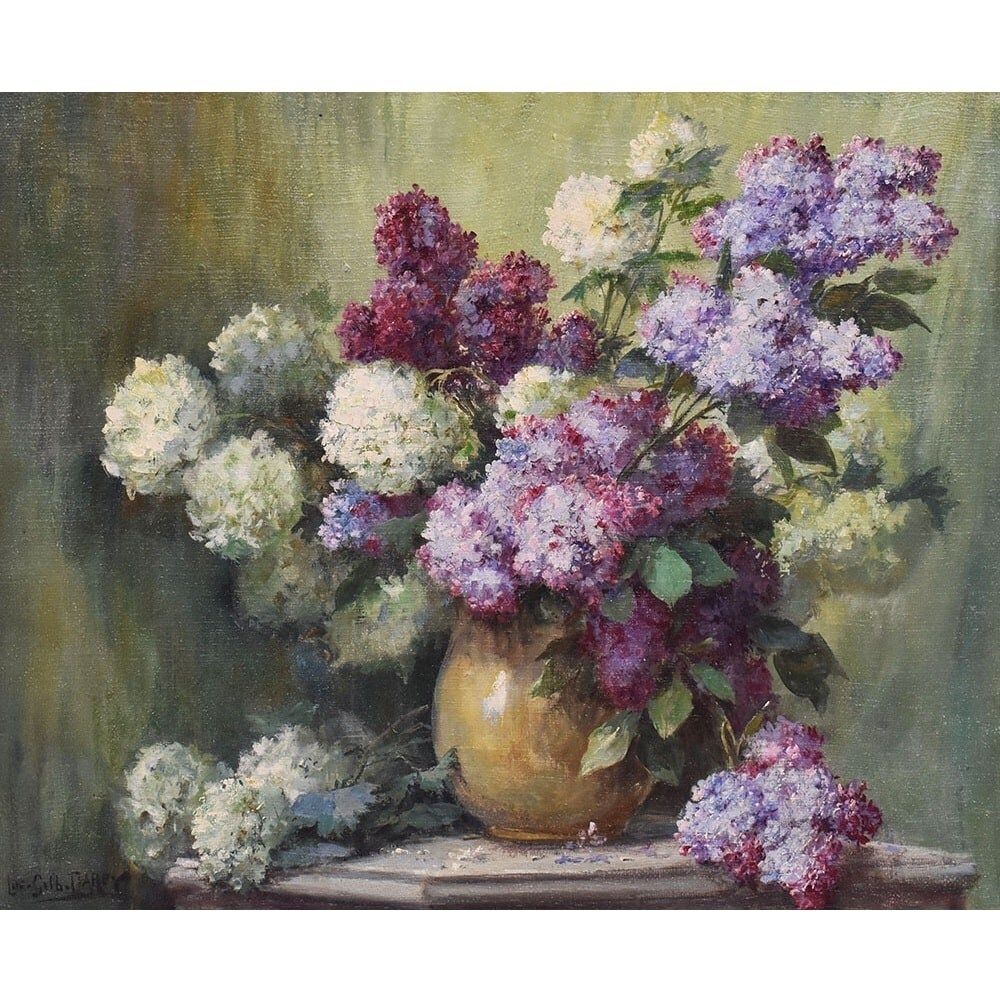Antique Flower Painting, Lilac Flowers, Oil On Canvas, 20th Century. photo for sale