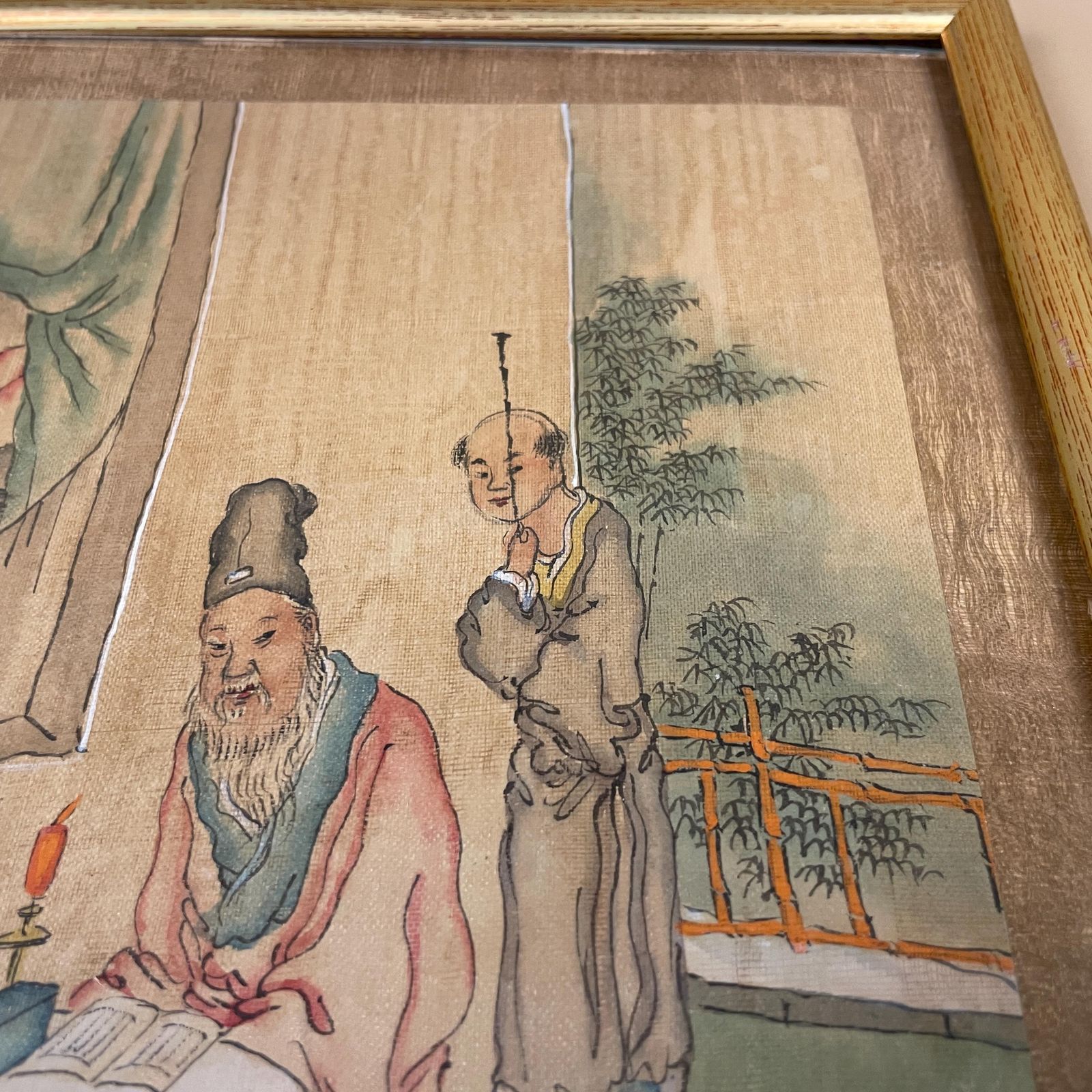 Antique Hand Painted Silk Painting Japanese Artwork Art Wall Hanging Oriental Detailed Gold Wood Frame Vintage Picture Framed Old Original photo for sale