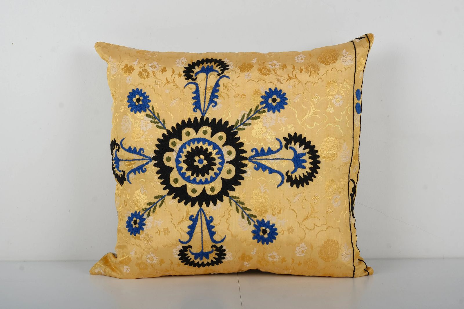 Suzani Yellow Pillow Cover, 1960s Handmade Samarkand Uzbek Suzani Textile Art