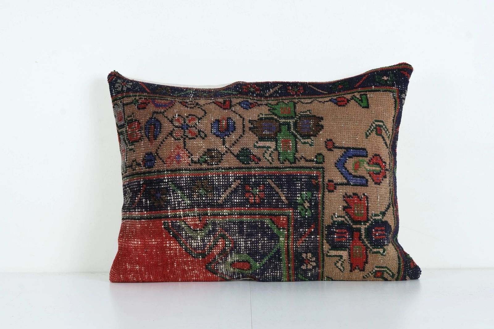 Turkish Red Oushak Rug Pillow Cover, Wool Boho Woven Carpet Lumbar Cushion Cover