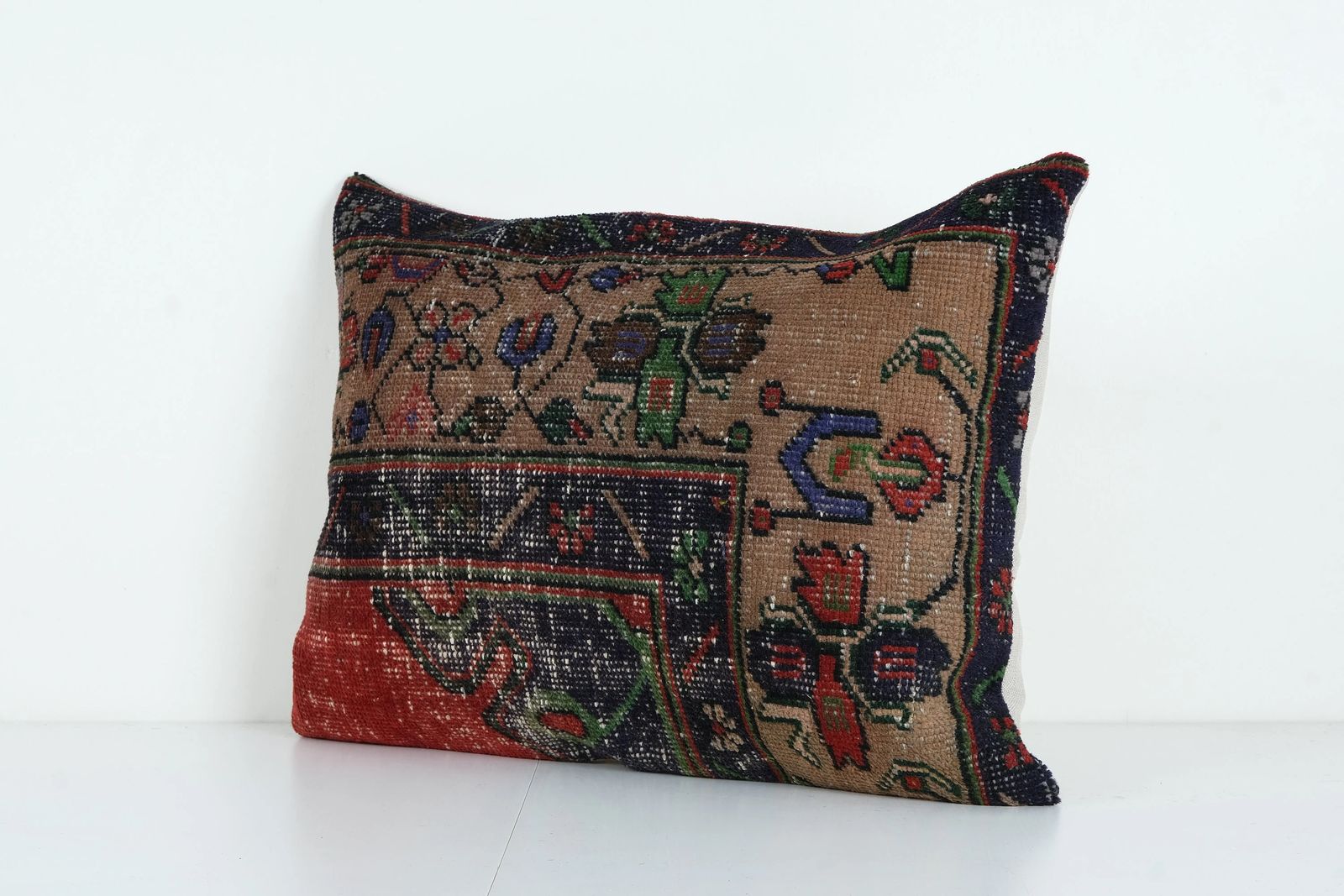 Turkish Red Oushak Rug Pillow Cover, Wool Boho Woven Carpet Lumbar Cushion Cover photo Textiles