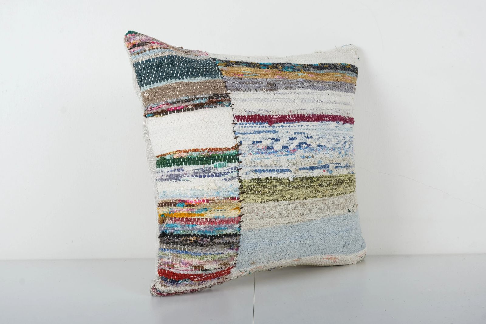Striped Rustic Pillow Cases Made From An Anatolian Rag Rug, Mid 20th Century Cotton Cushion Cover photo Textiles