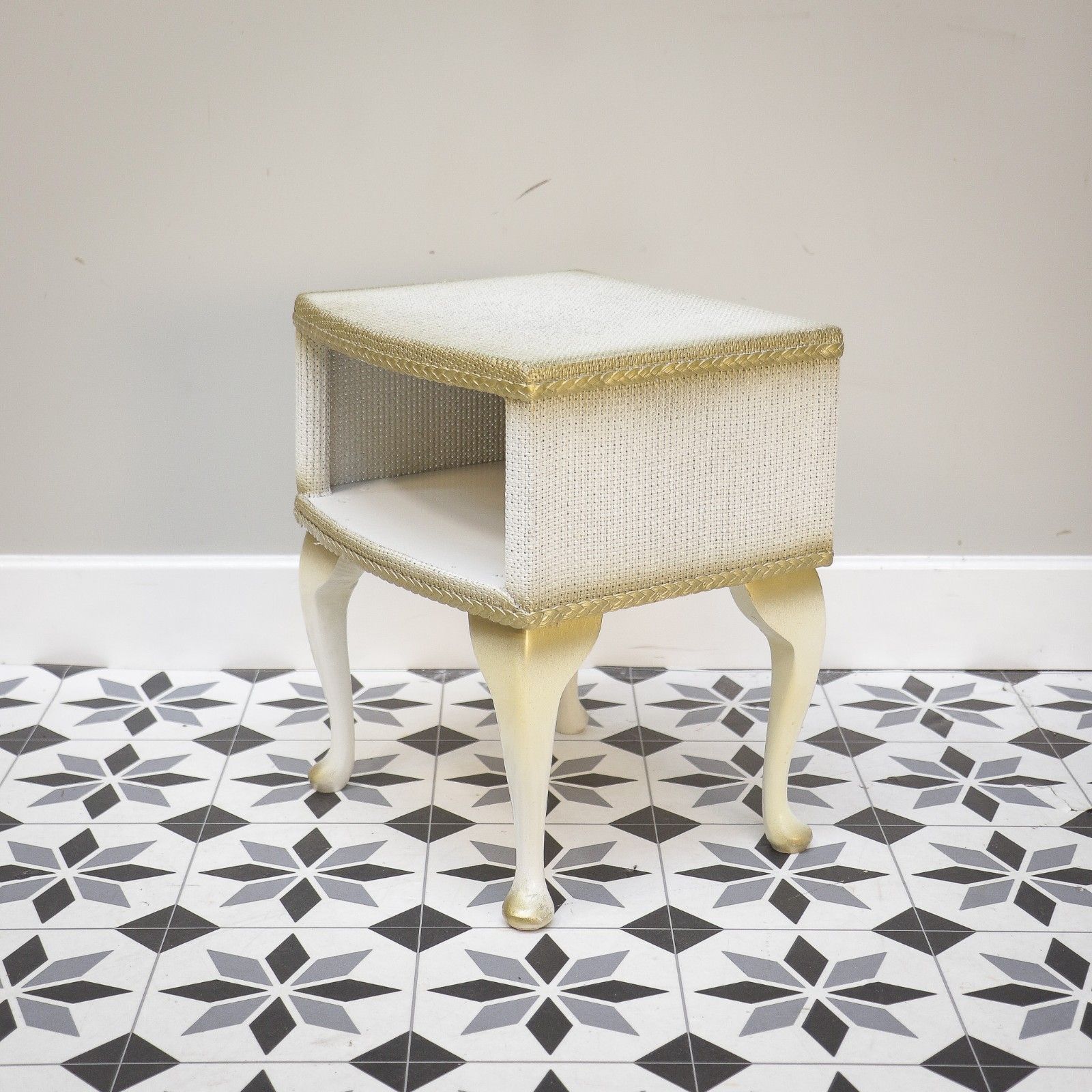 Lloyd Loom Ottoman Bedside Table And Chair Matching Set In White And Gold photo for sale