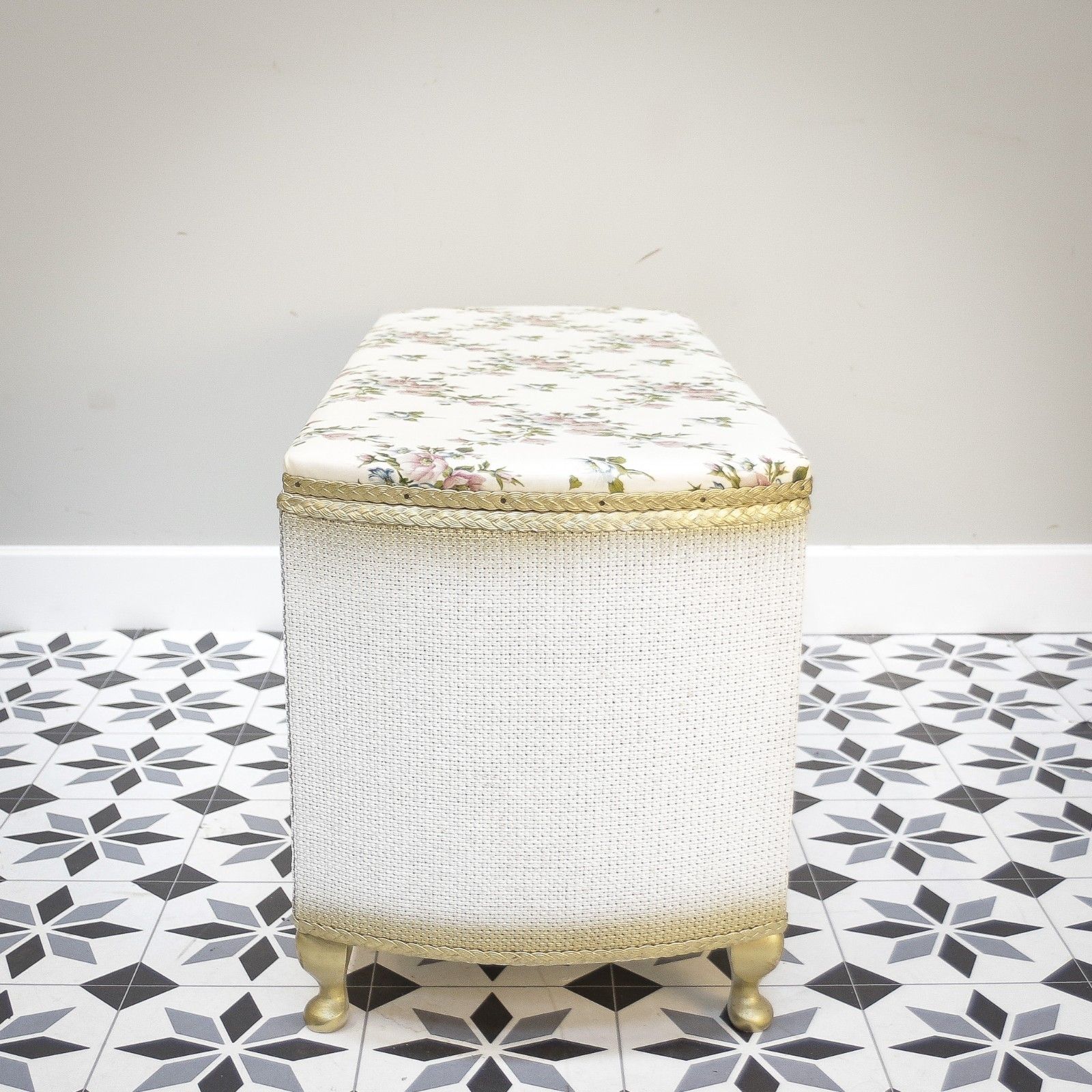 Lloyd Loom Ottoman Bedside Table And Chair Matching Set In White And Gold photo vintage