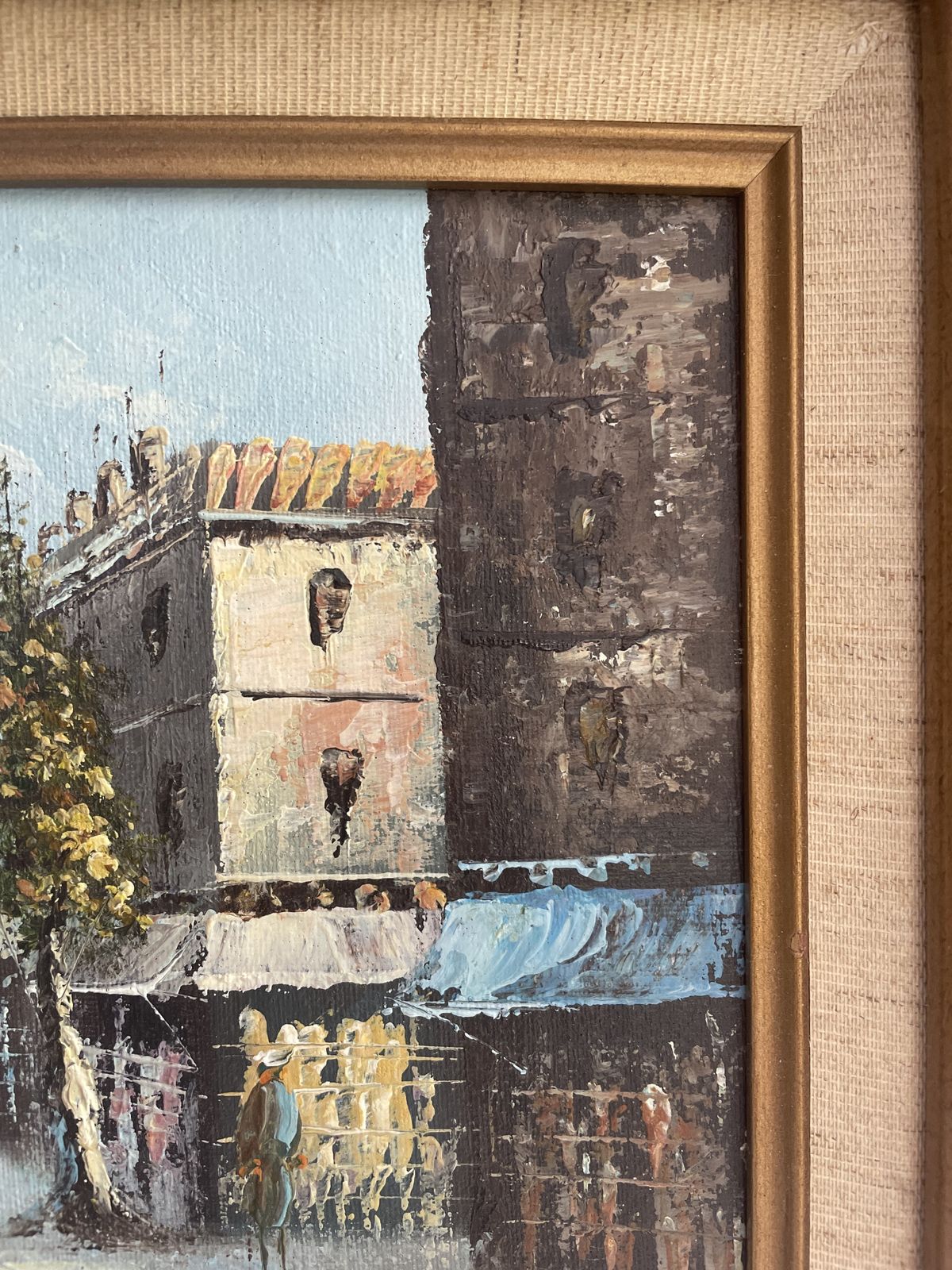 Vintage Parisian Street Scene Oil Painting: Mid Century Palette Knife Art photo furniture