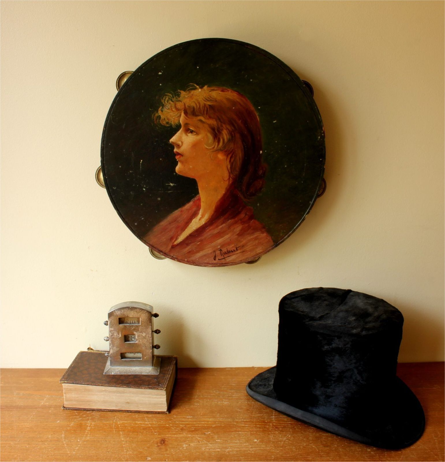 Antique Painted Tambourine. Oil Painting Lady Portrait. French Folk Art. photo furniture