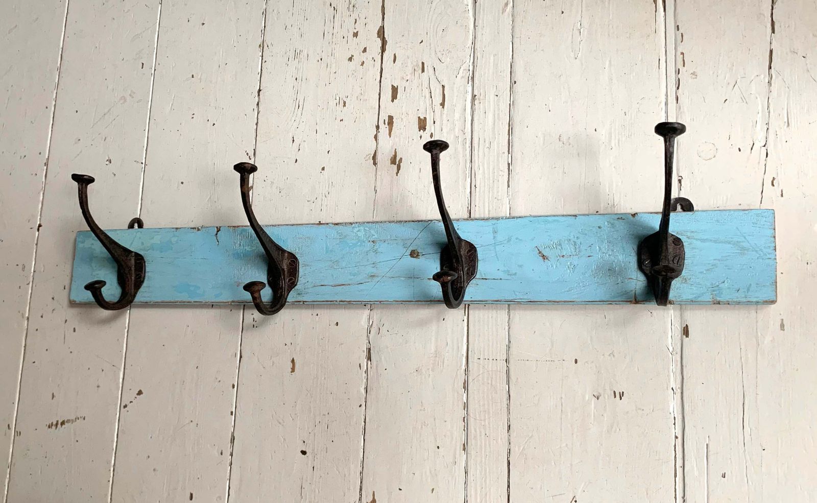 Furniture Vintage Wall Mounted Blue/Black Metal Coat Hooks X 4 On Wooden Painted Board photo