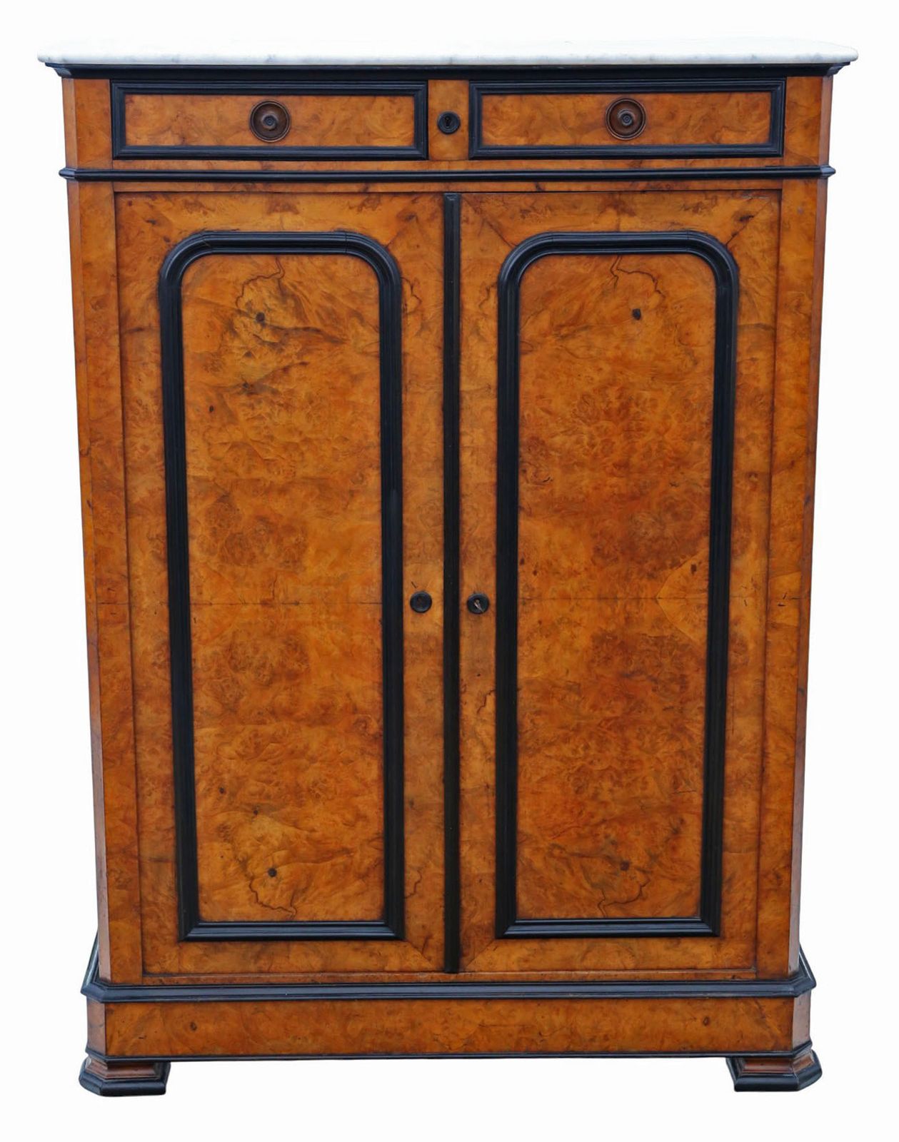 Antique 19th Century Ebonised & Burr Walnut Cabinet Press Cupboard With Marble Top – Fine Quality