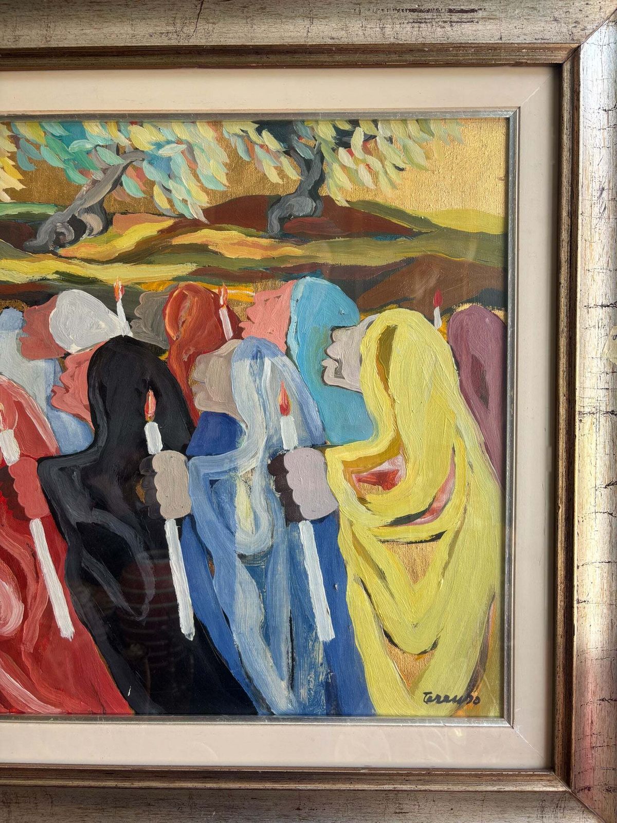 Oil On Canvas Painting 'The Procession' By Saverio Terruso, 1970s photo for sale