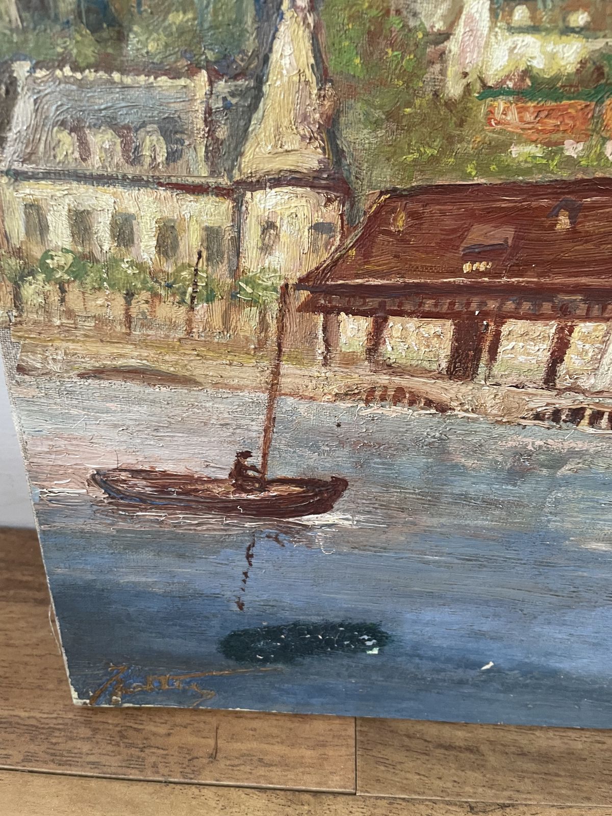 Oil On Canvas French Port Scene photo for sale