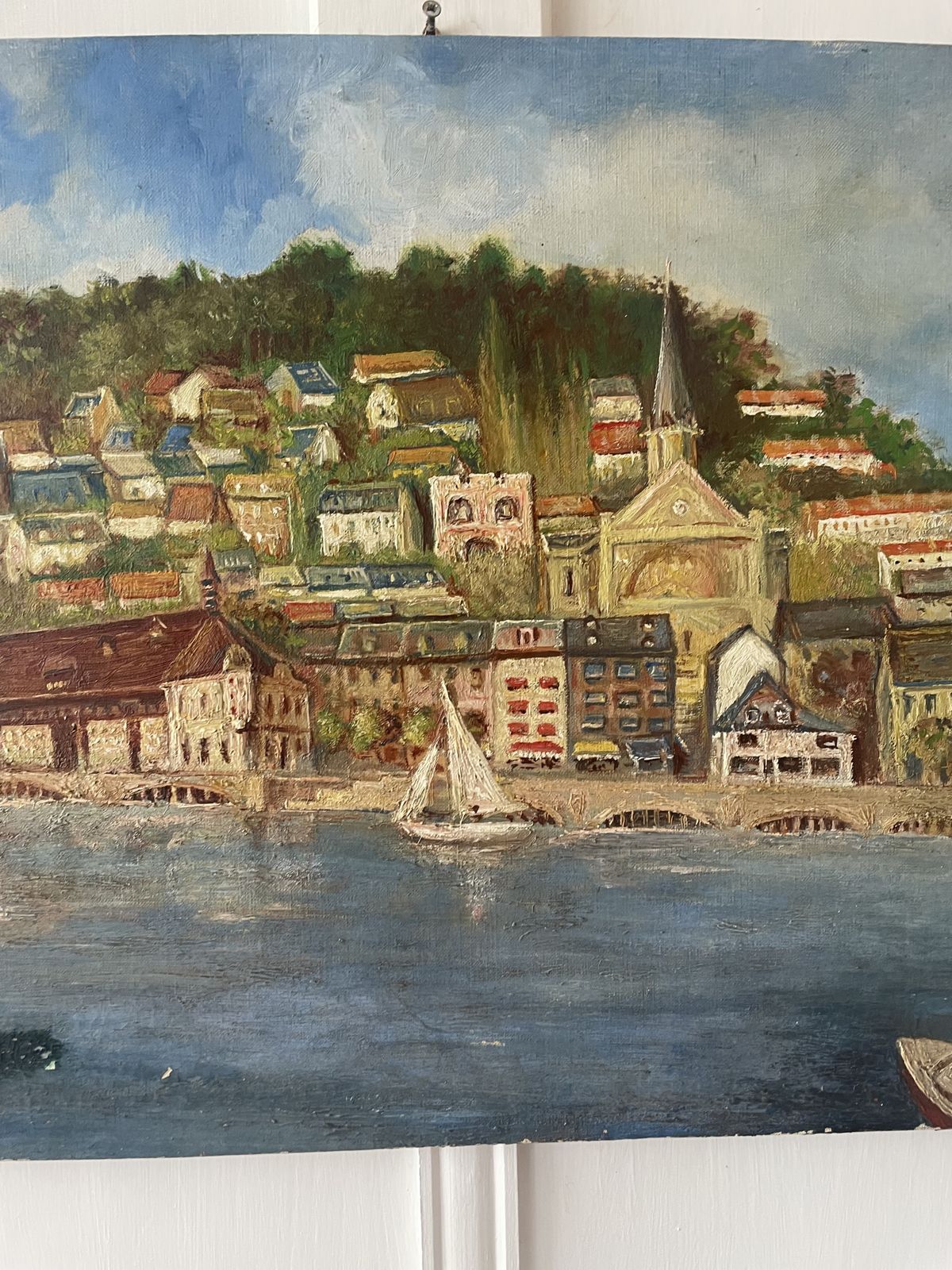 Oil On Canvas French Port Scene photo vintage