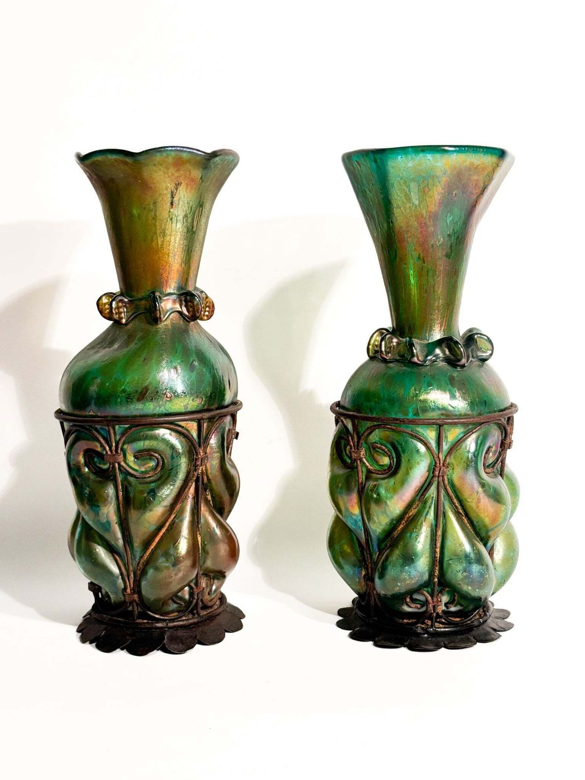 Pair Of Loetz Glass And Wrought Iron Vases From The 1920s