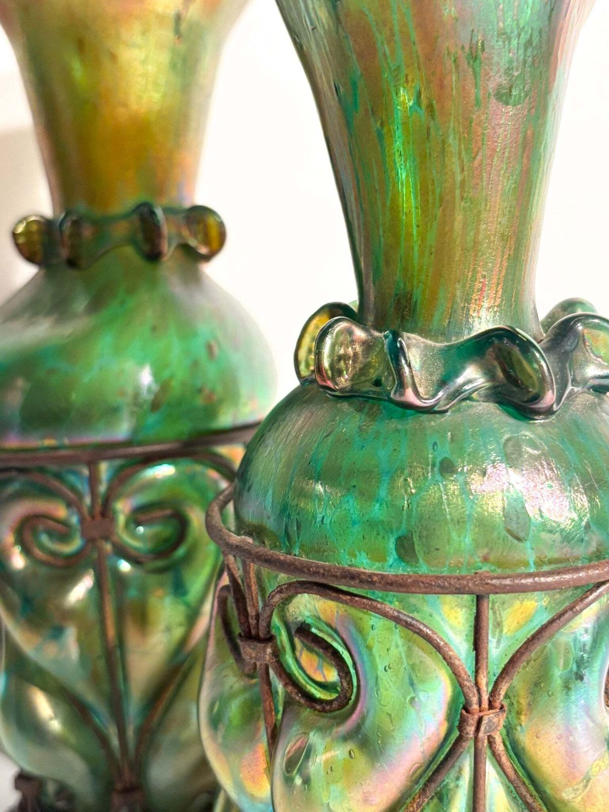 Pair Of Loetz Glass And Wrought Iron Vases From The 1920s photo buy
