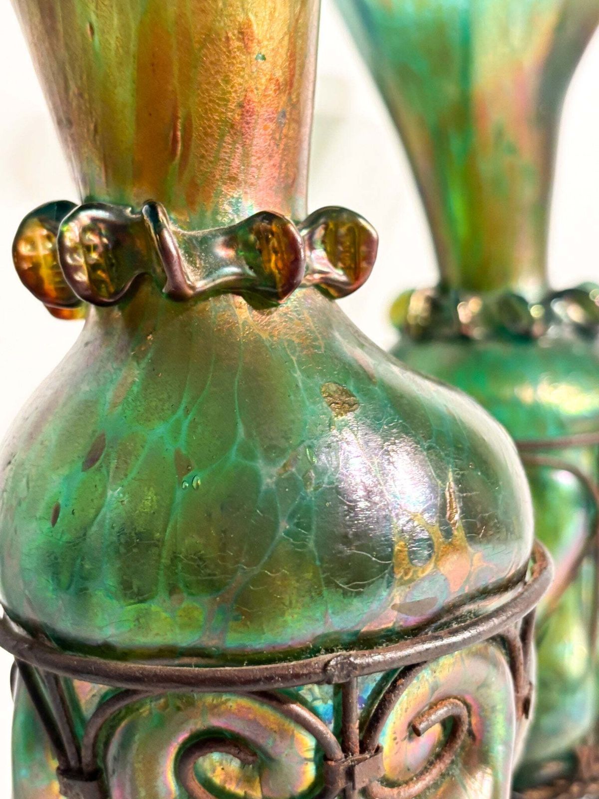 612.0 Pair Of Loetz Glass And Wrought Iron Vases From The 1920s photo