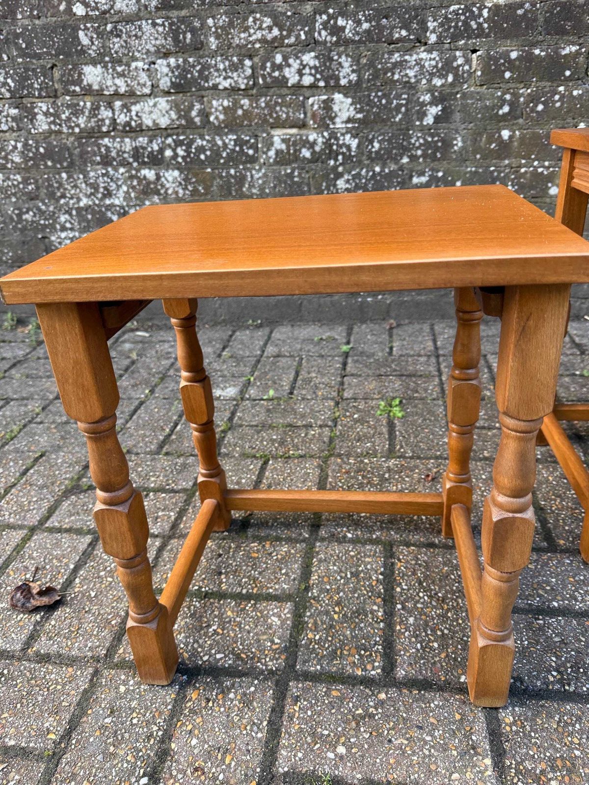 Vintage Nest Of Two Beech Occasional Tables, Plant Stands, Side Tables, Small Vintage Wooden Tables, Lamp Tables, Two Vintage Tables photo vinterior