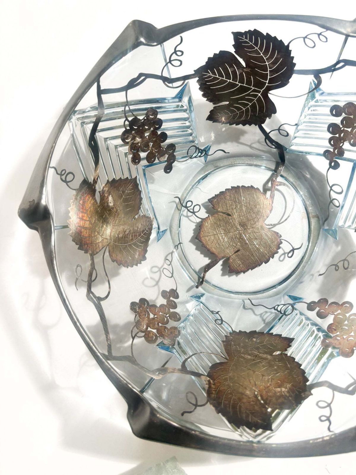 Art Nouveau Glass Centerpiece Bowl With Silver Plated Metal Decorations, 1920s photo for sale